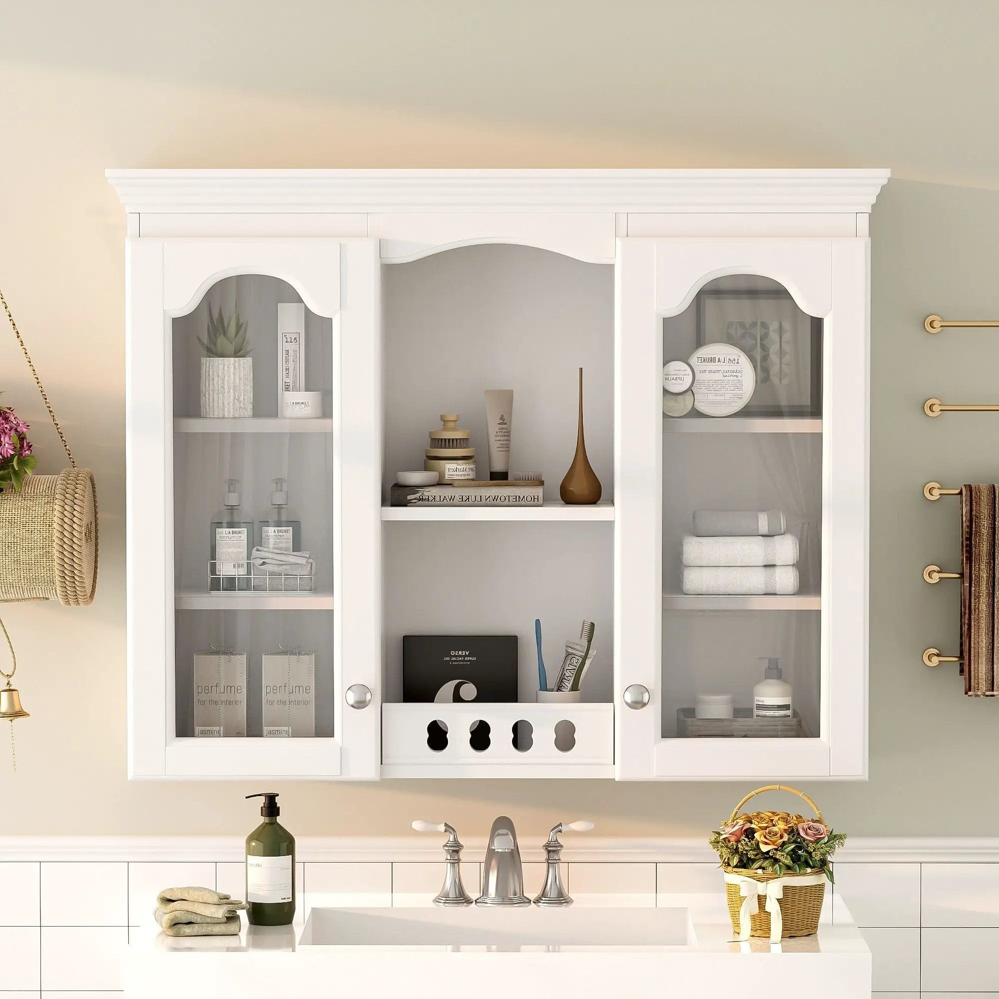 Wall-Mounted Medicine Cabinet With 2 Glass Doors, Adjustable Shelves - White by Unique Piece Furniture