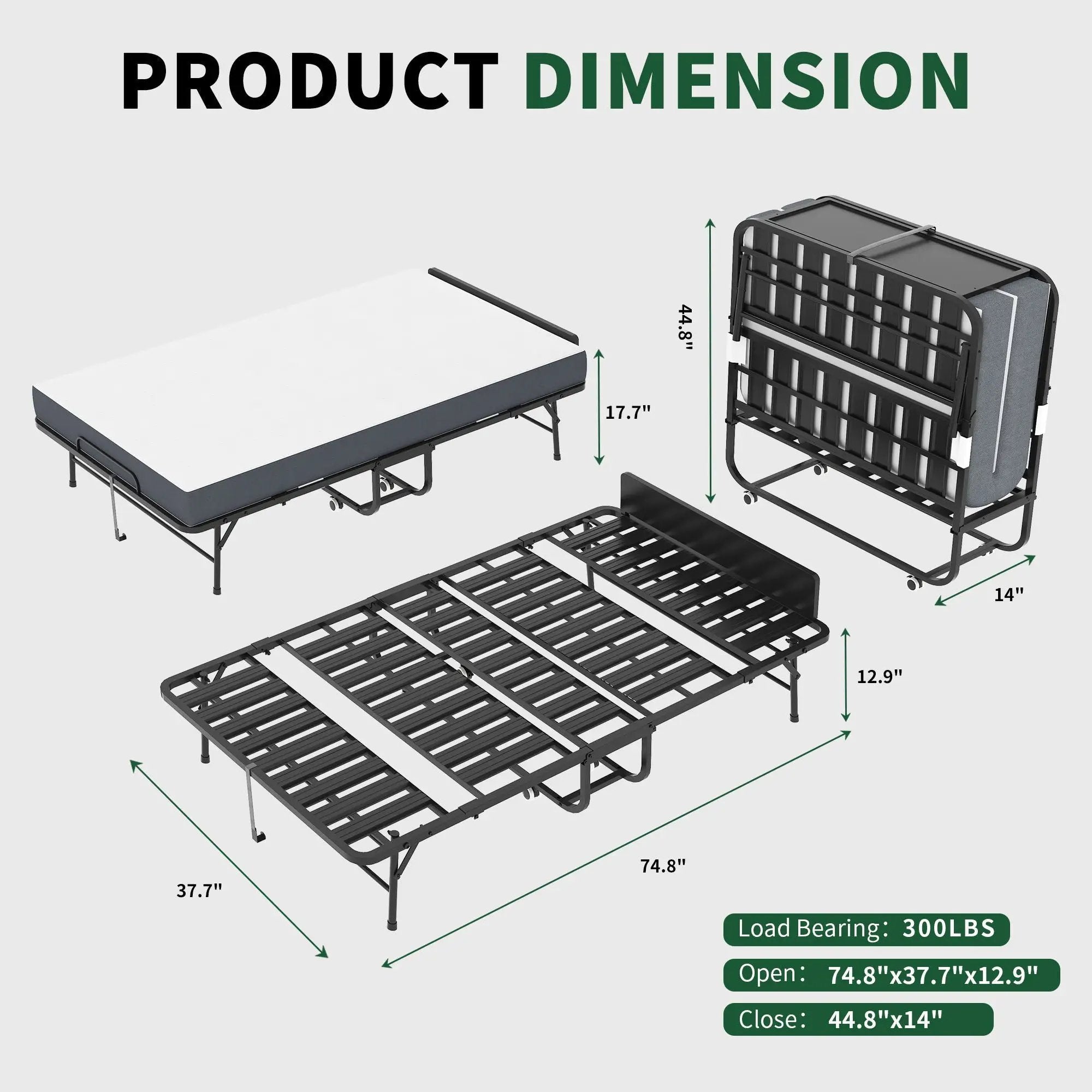 Twin Adjustable Headboard Folding Bed With Memory Foam Mattress, Heavy-Duty Frame Cot For Tall People, Portable Guest On Wheels - Black by Unique Piece Furniture