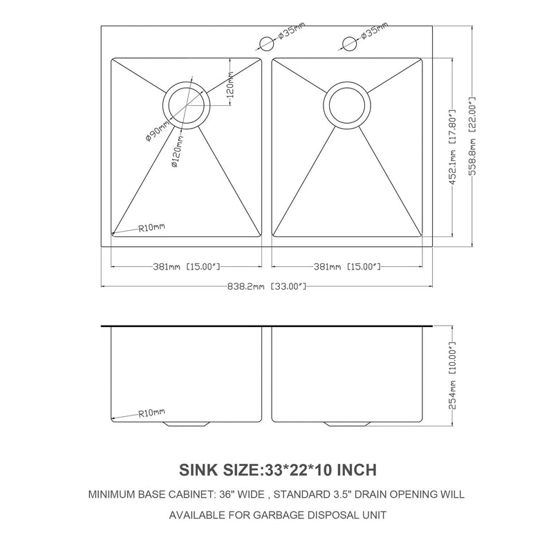 Double Bowl Drop In Kitchen Sink 33" X 22" With 16 Gauge Stainless Steel And 2 10" Deep Basins - Gunmetal Black by HouseOfZazla