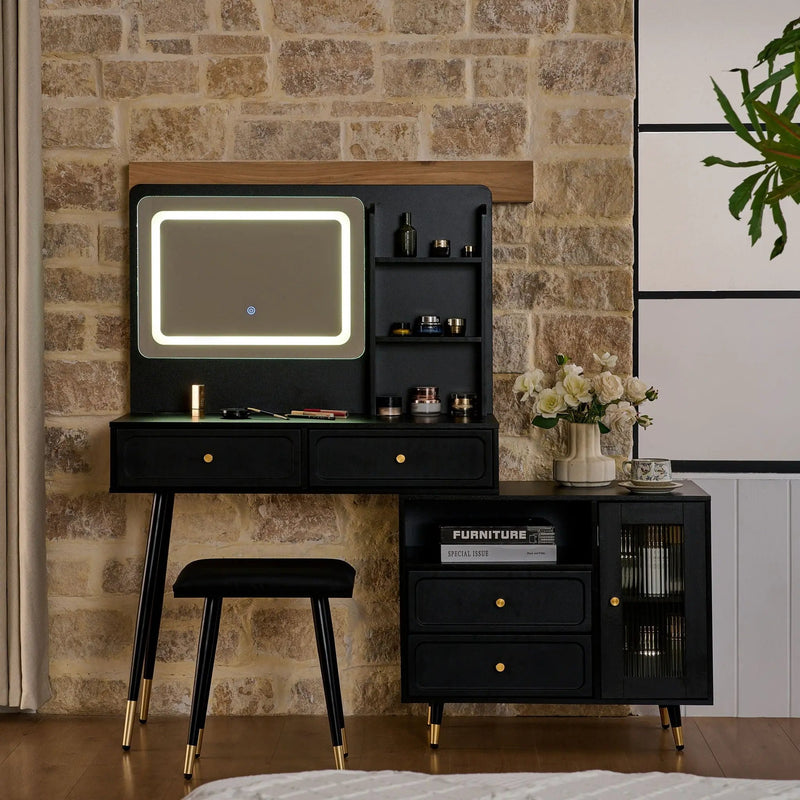 Modern Makeup Vanity Desk With Mirror And Lights Retractable Design Engineered Wood - Black by HouseOfZazla
