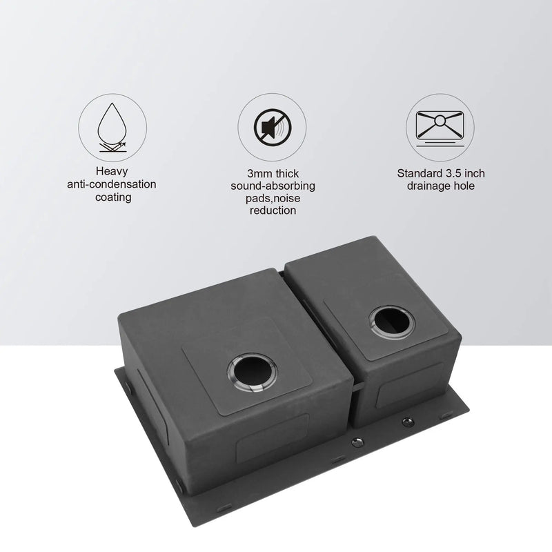 Double Bowl Kitchen Sink 16 Gauge 33" X 22" With 2 10" Deep Basins - Gunmetal Black by HouseOfZazla