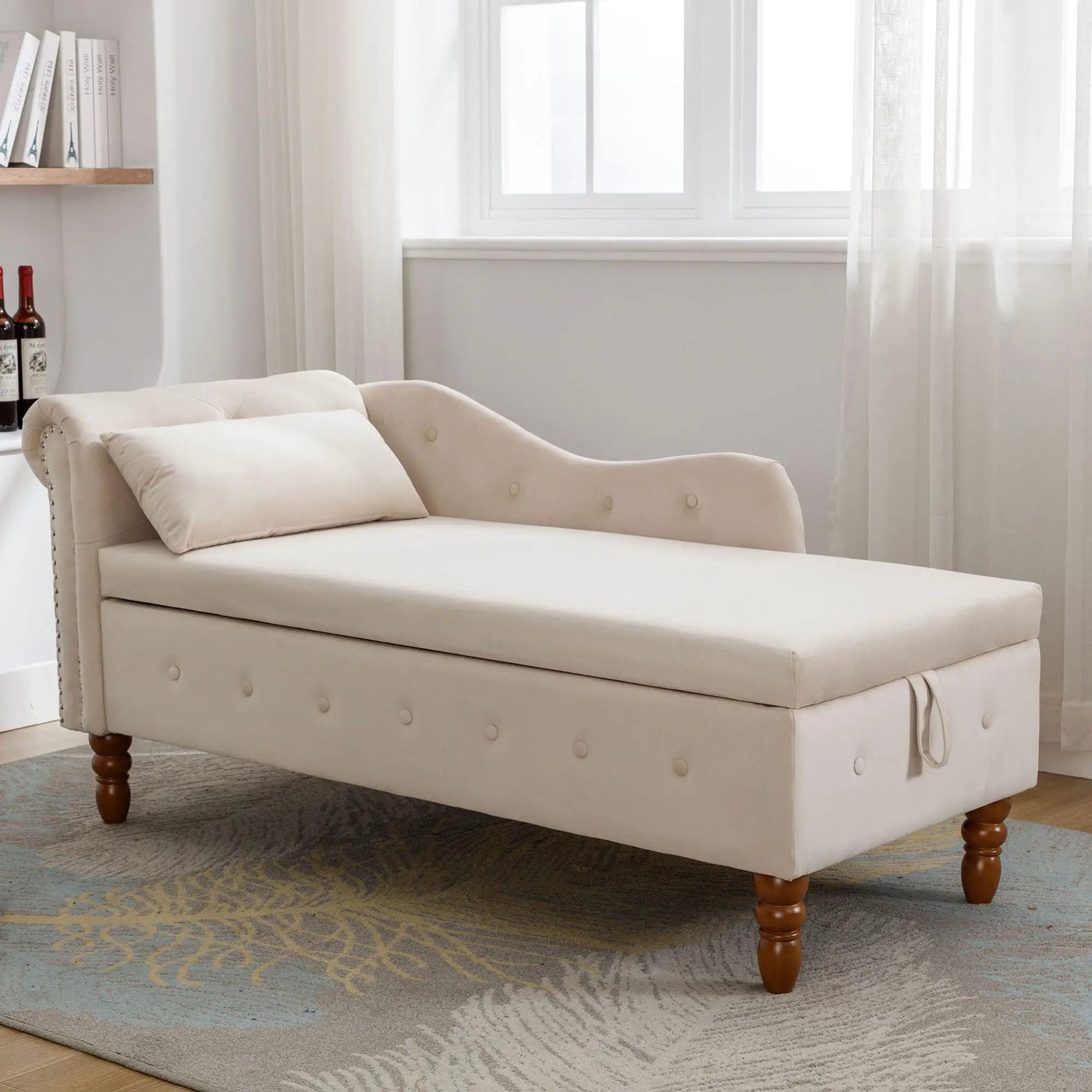 Chaise Lounge Indoor, Lounge Chair For Bedroom With Storage & Pillow, Modern Upholstered Rolled Arm Chase Lounge For Sleeping With Nailhead Trim For Living Room Bedroom Office by Unique Piece Furniture