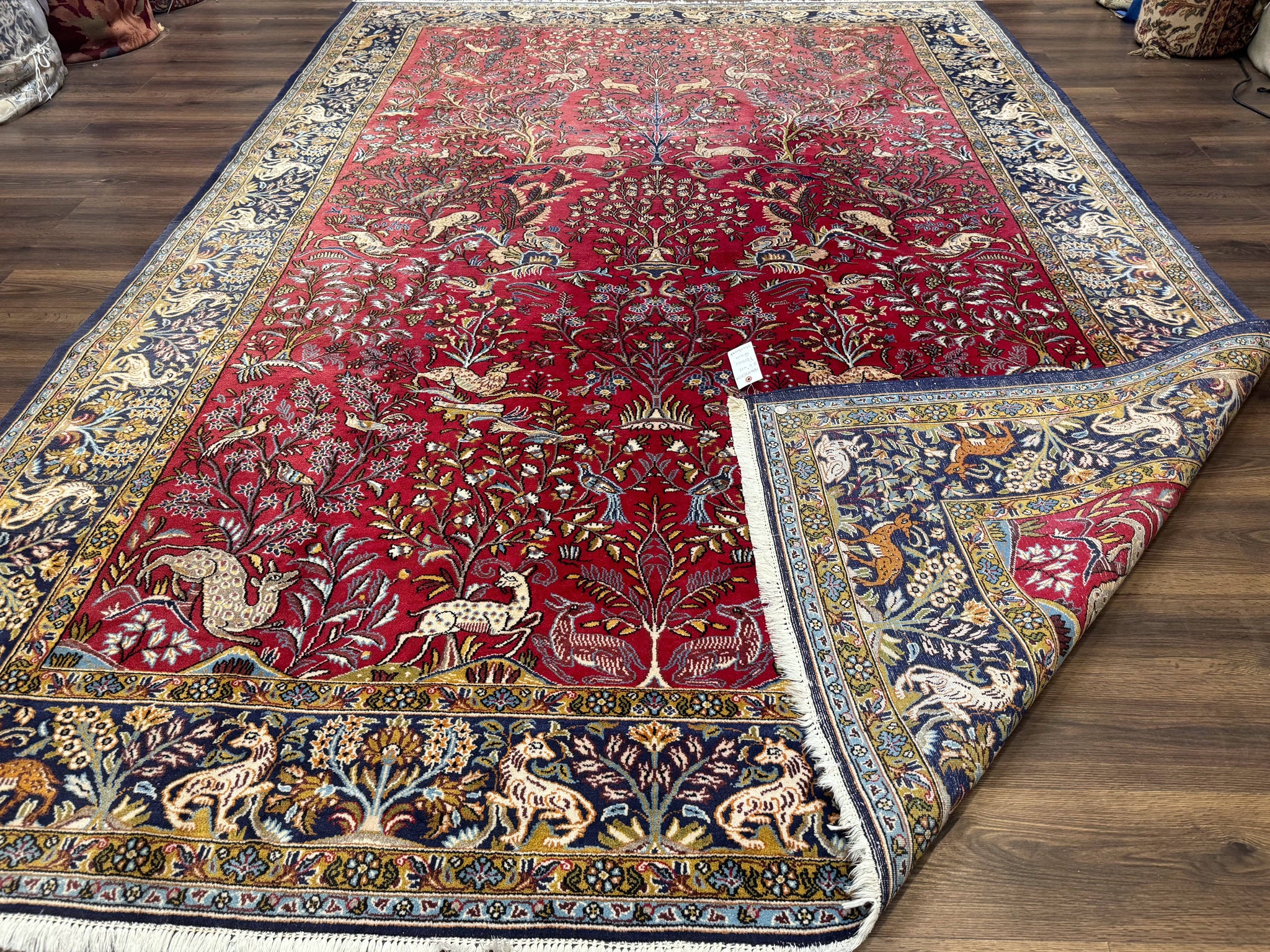 Persian Qum Rug 9x12, Animal Pictorials, Deer Birds, Tree of Life, Red and Navy Blue by Jewel Rugs
