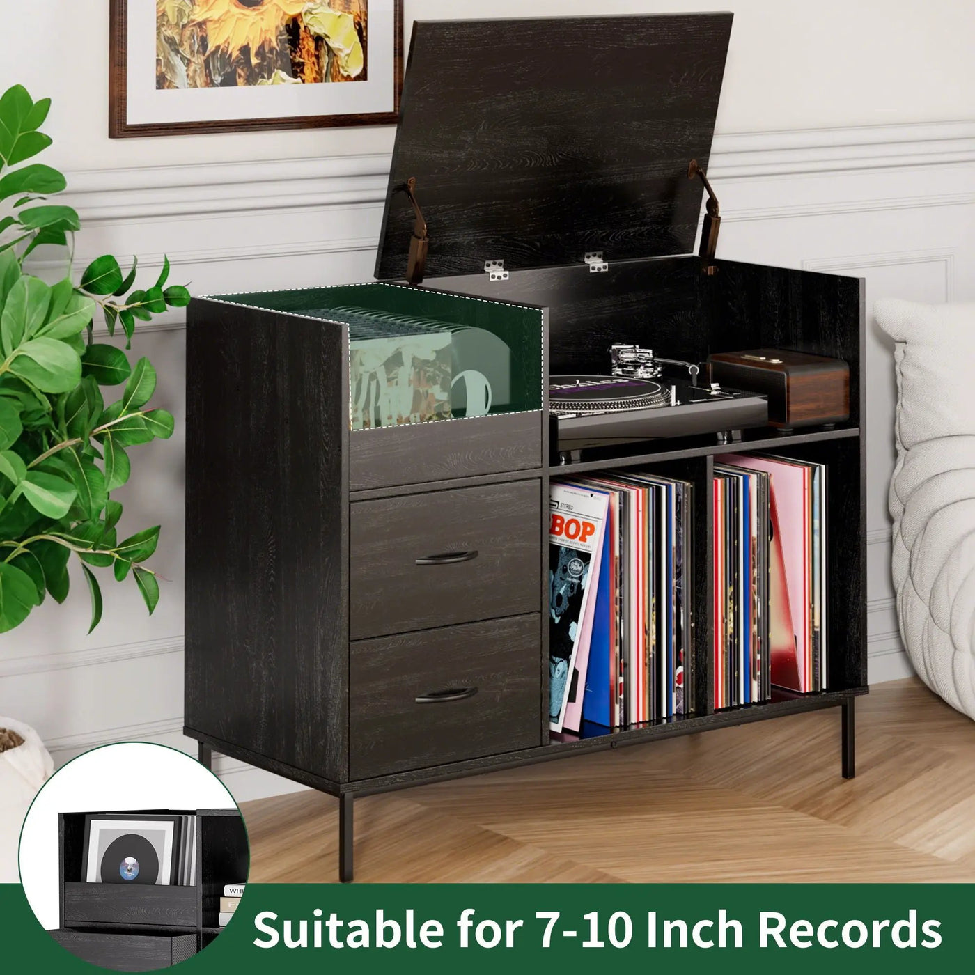 Eco-Friendly Vinyl Record Player Stand With Flip-Top Storage, Media Console With Dual Outlets And Dustproof Drawers by HouseOfZazla