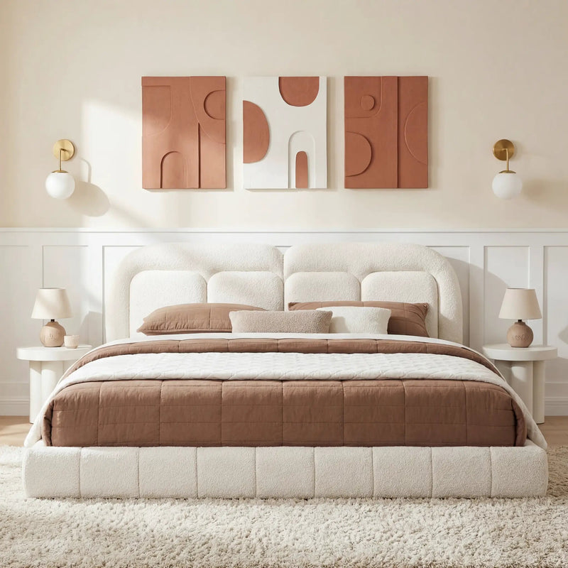 King Size Boucle Upholstered Platform Bed with Tufted Headboard by HouseOfZazla