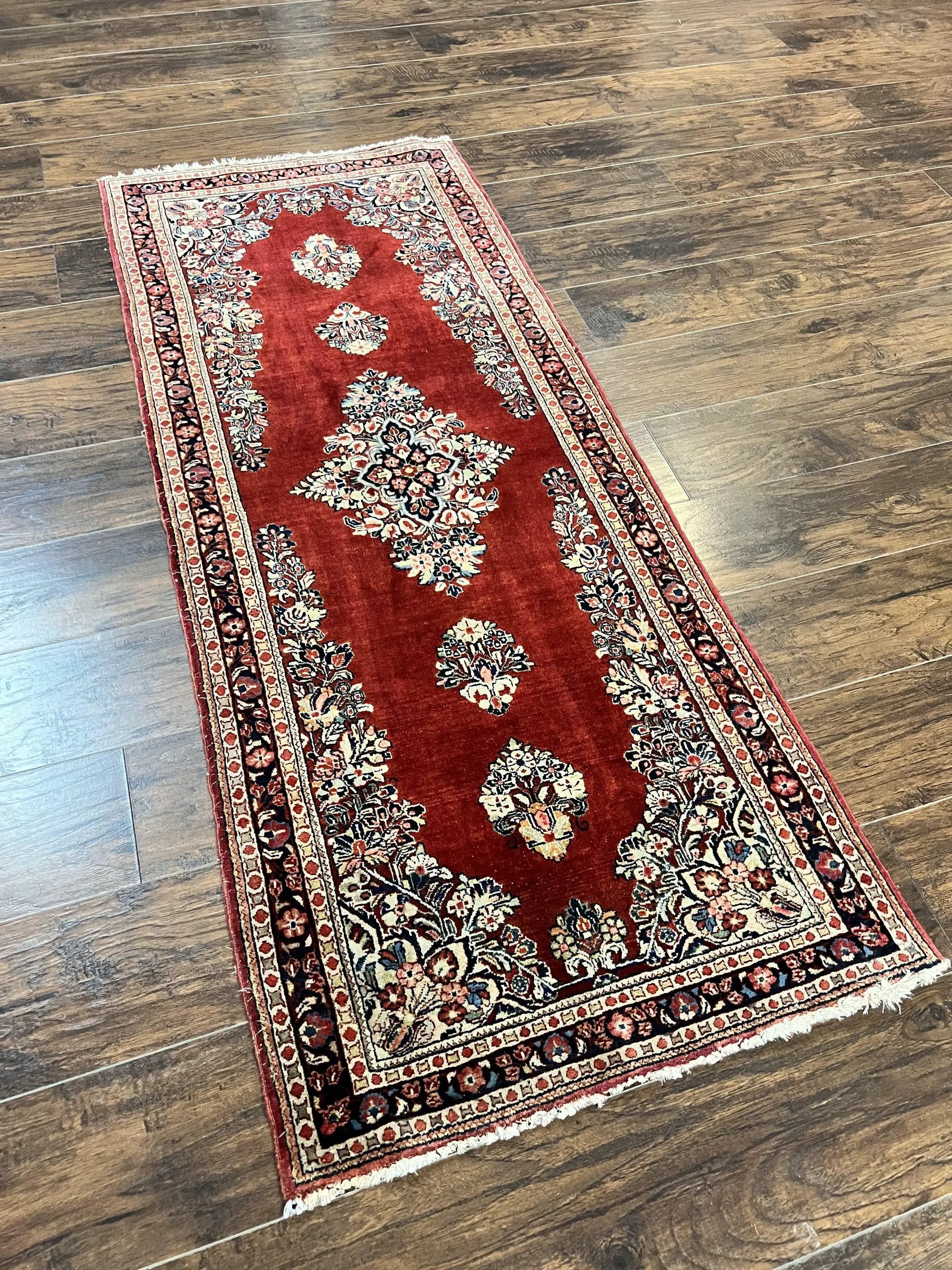 Persian Sarouk Runner Rug 2.7 x 6, Semi Open Field, Red, Handmade Hand Knotted, Wool Oriental Carpet, Vintage Semi Antique by Jewel Rugs