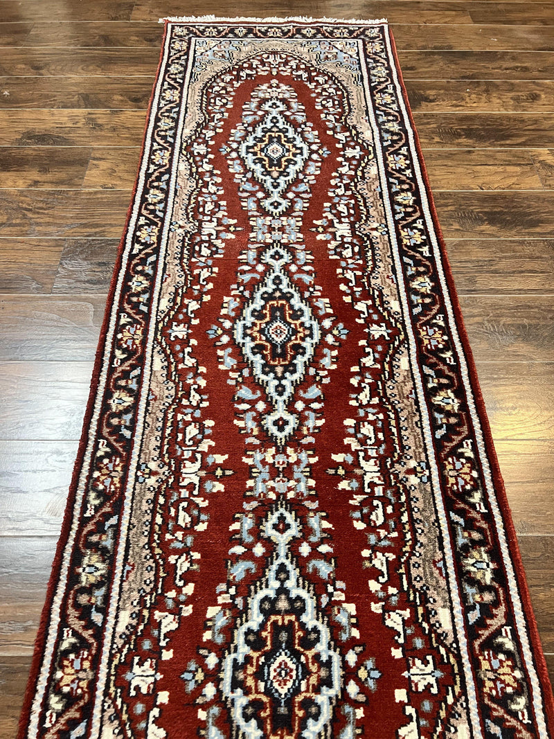 Indo Persian Runner Rug 2.8 x 14.8, Long Indo Kirman Hallway Rug, Red Floral Wool Vintage Handmade Oriental Runner by Jewel Rugs