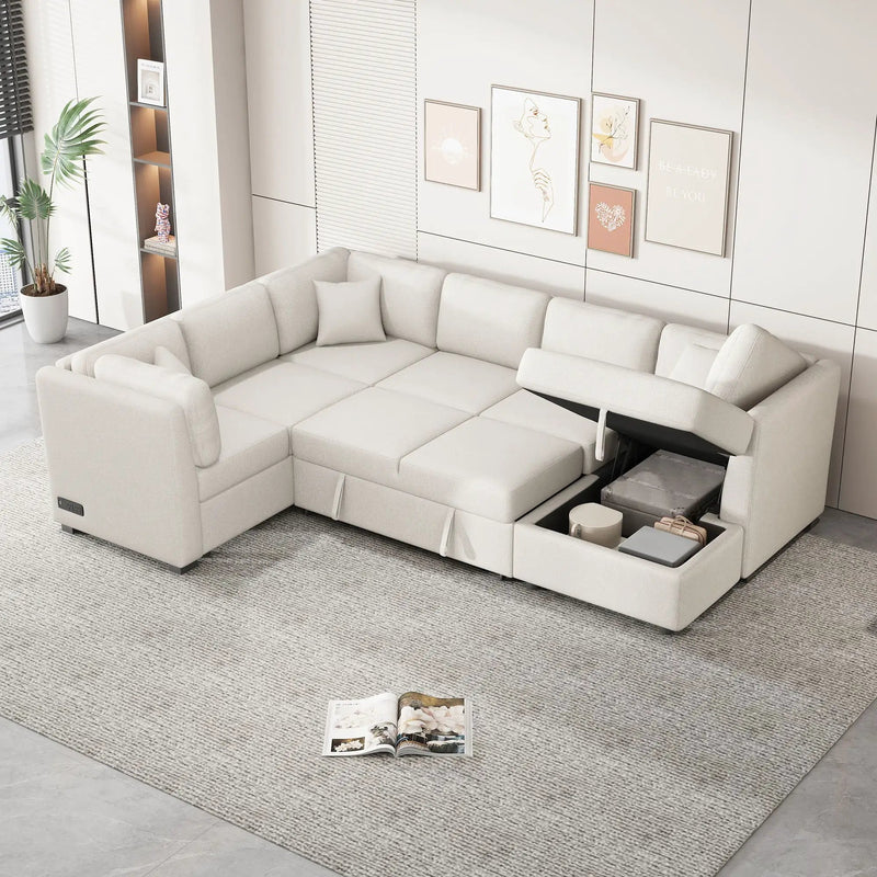 U-Shaped Sectional Sofa Pull Out Sofa Bed With Two USB Ports, Two Power Sockets, Three Back Pillows And A Storage Chaise For Living Room by Unique Piece Furniture
