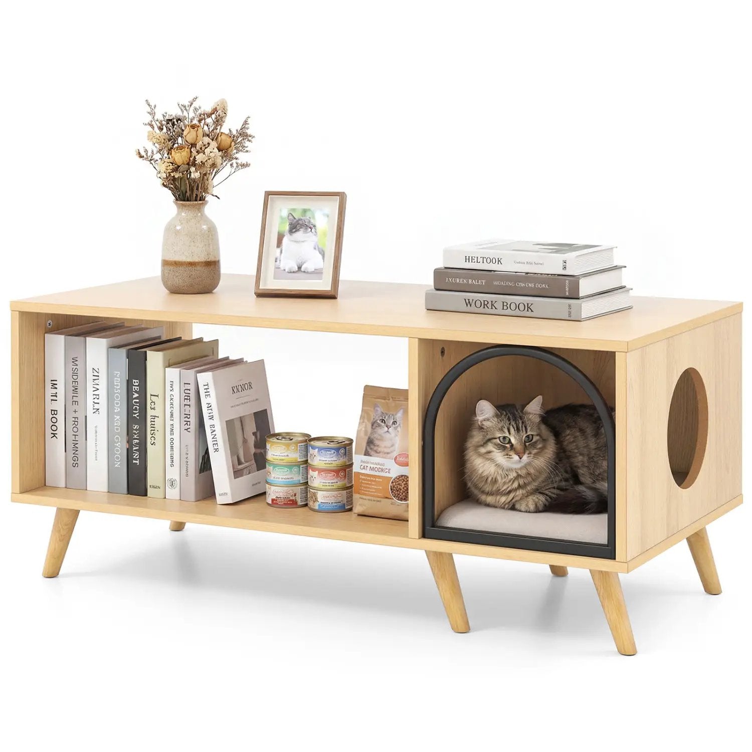 40 Inch Coffee Table Cat House 2-in-1 Wooden Kitten Furniture with Open Storage Shelf-Natural by DirectDeals