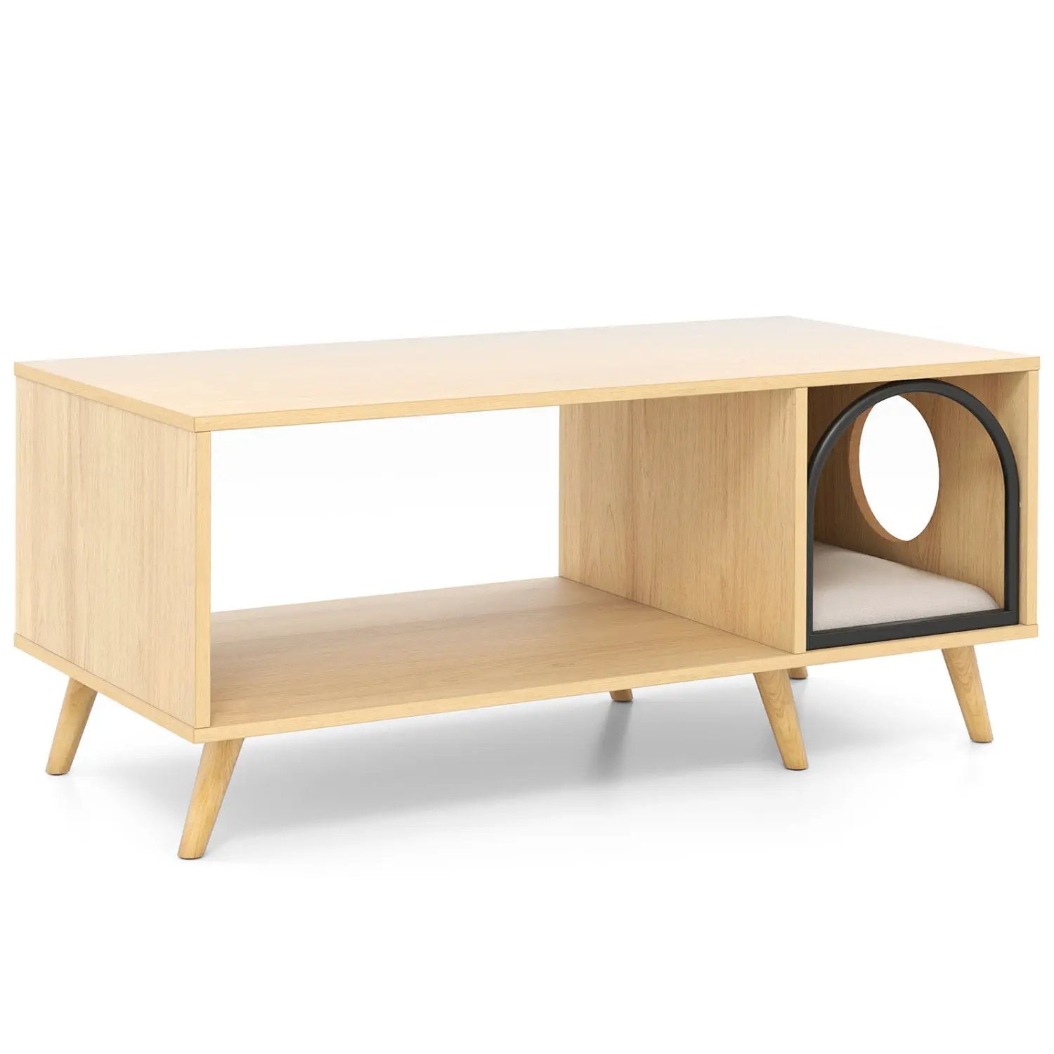 40 Inch Coffee Table Cat House 2-in-1 Wooden Kitten Furniture with Open Storage Shelf-Natural by DirectDeals