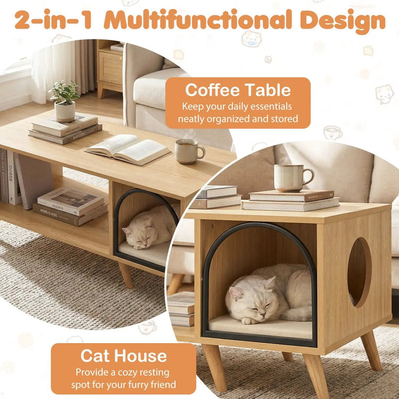 40 Inch Coffee Table Cat House 2-in-1 Wooden Kitten Furniture with Open Storage Shelf-Natural by DirectDeals