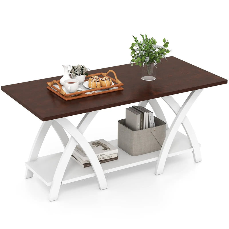 40 Inch Farmhouse Wooden 2-Tier Coffee Table with Storage Shelf for Living Room-Walnut by DirectDeals