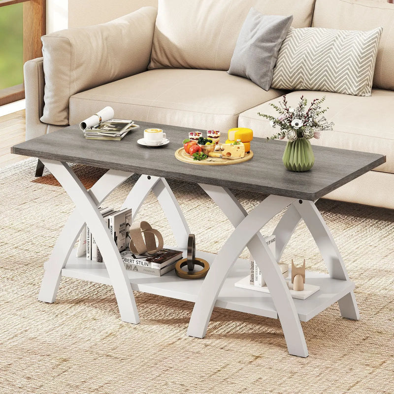 40 Inch Farmhouse Wooden Coffee Table with Storage Shelf with X-shaped Legs-Gray by DirectDeals