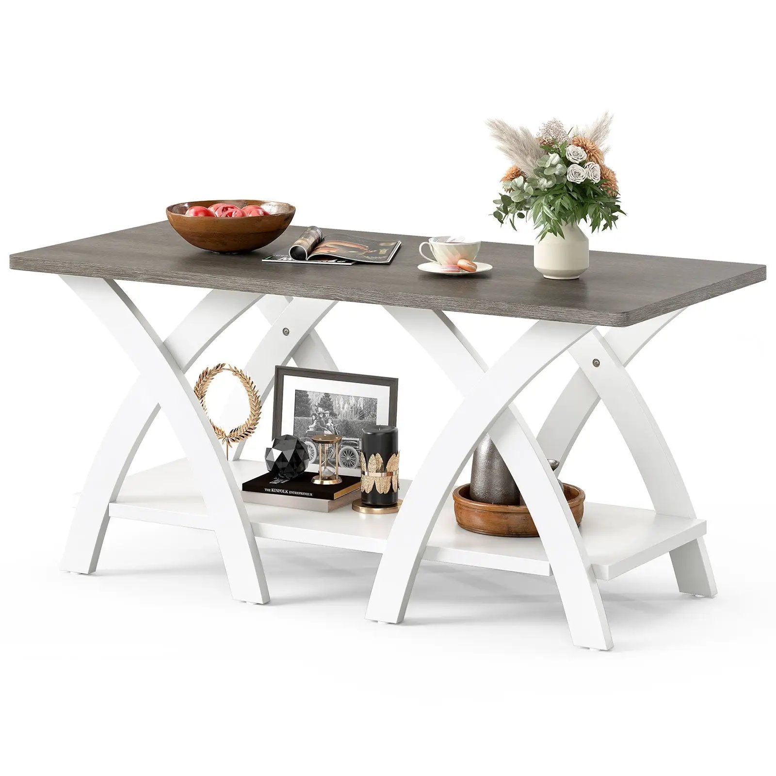 40 Inch Farmhouse Wooden Coffee Table with Storage Shelf with X-shaped Legs-Gray by DirectDeals