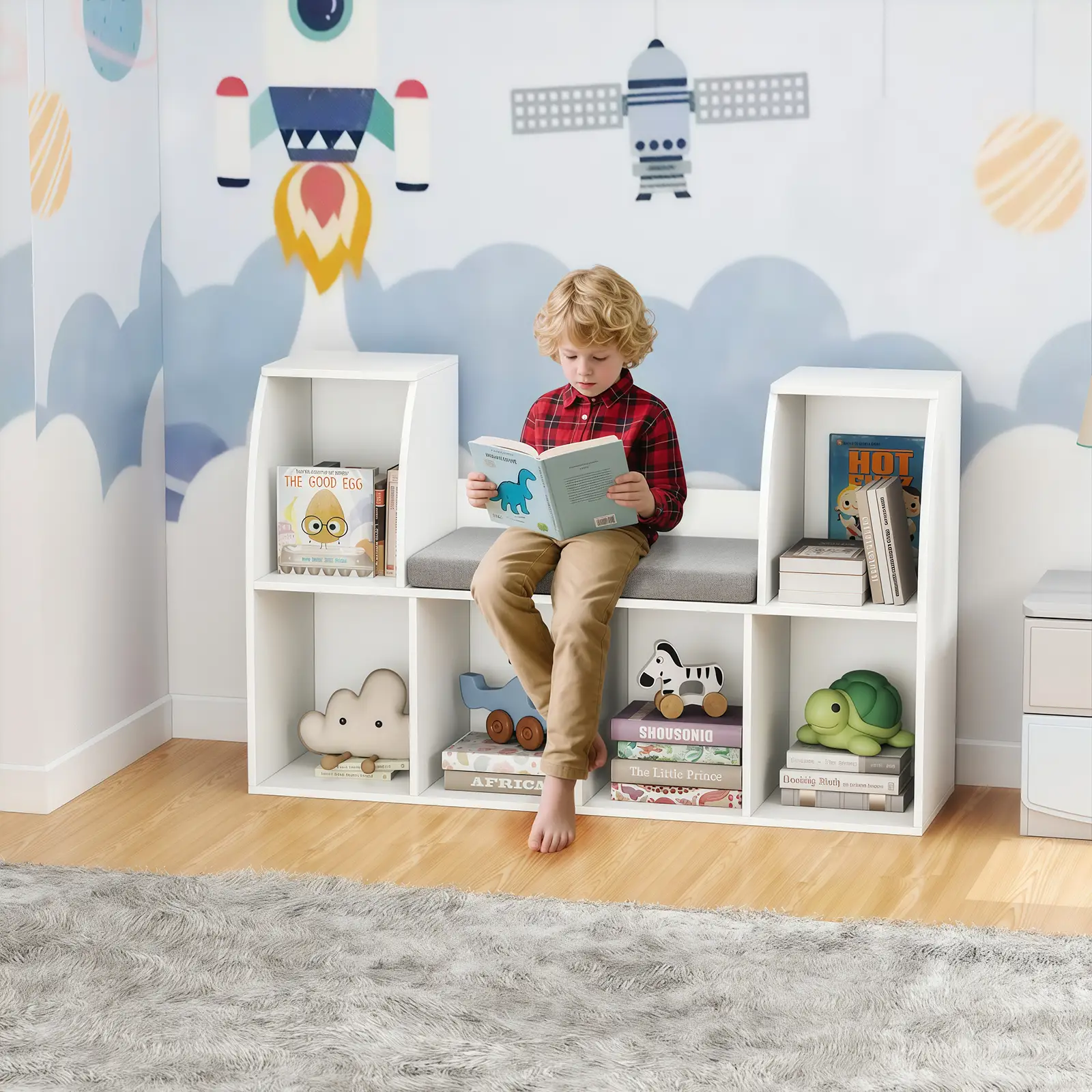 40 Inches Kids Bookshelf with Reading Nook Bookcase with 6 Open Cubes-White by DirectDeals