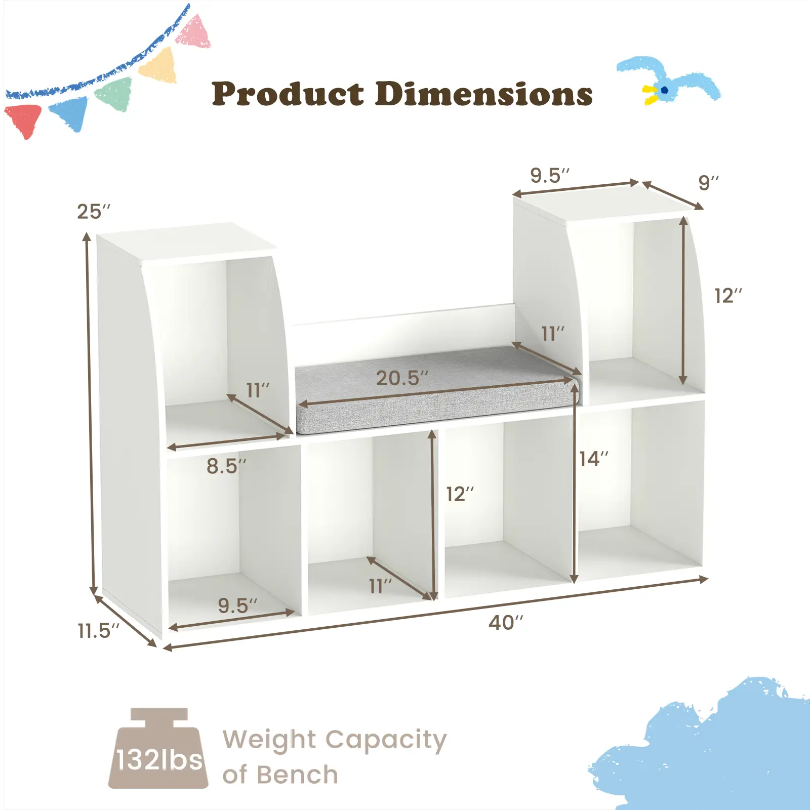 40 Inches Kids Bookshelf with Reading Nook Bookcase with 6 Open Cubes-White by DirectDeals