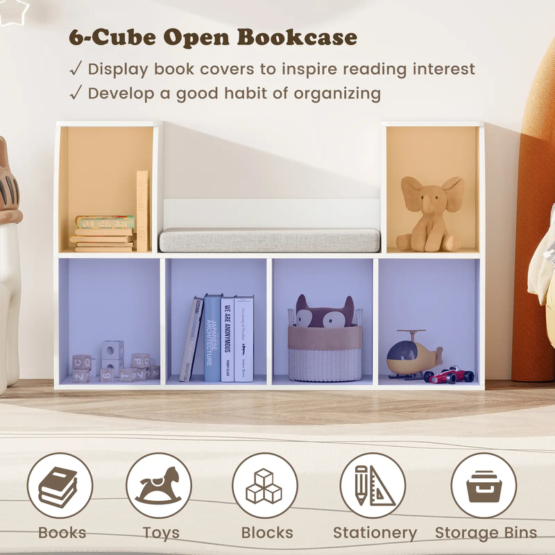 40 Inches Kids Bookshelf with Reading Nook Bookcase with 6 Open Cubes-White by DirectDeals