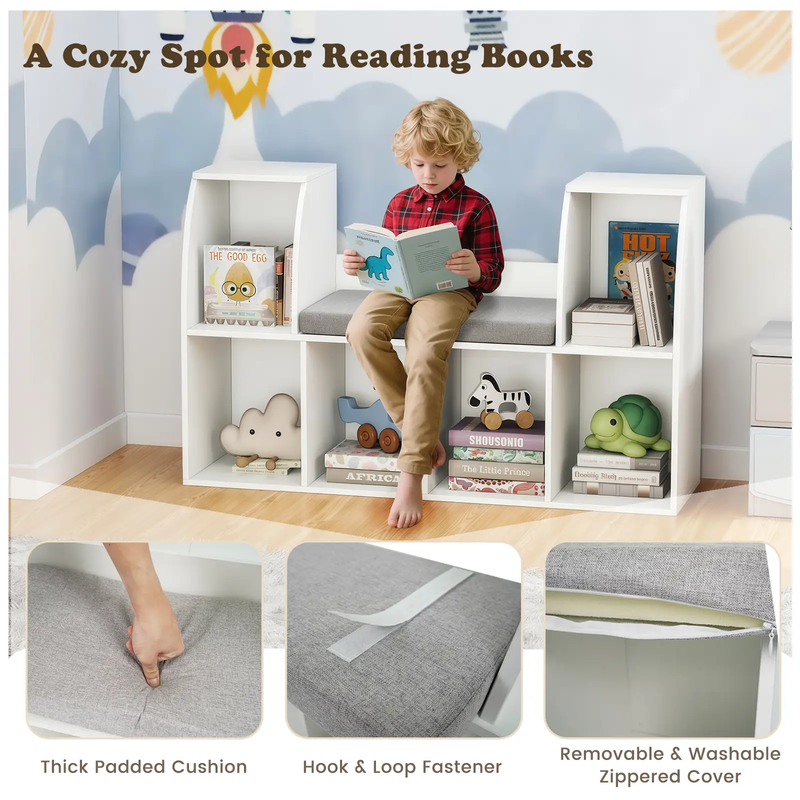 40 Inches Kids Bookshelf with Reading Nook Bookcase with 6 Open Cubes-White by DirectDeals