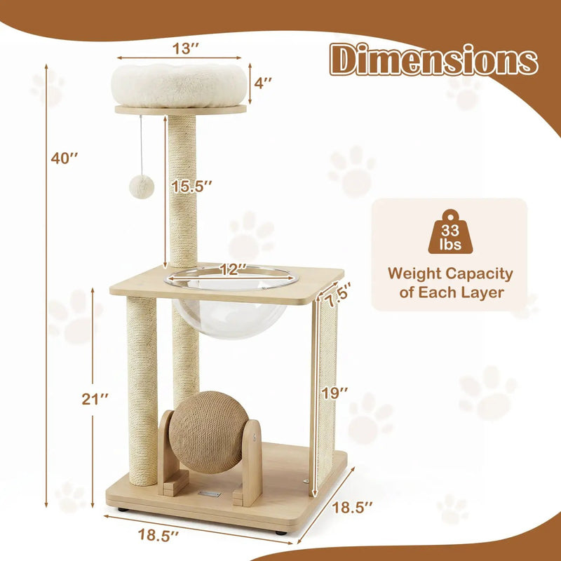40" Solid Wood Cat Tree with Space Capsule & Sisal Posts by DirectDeals