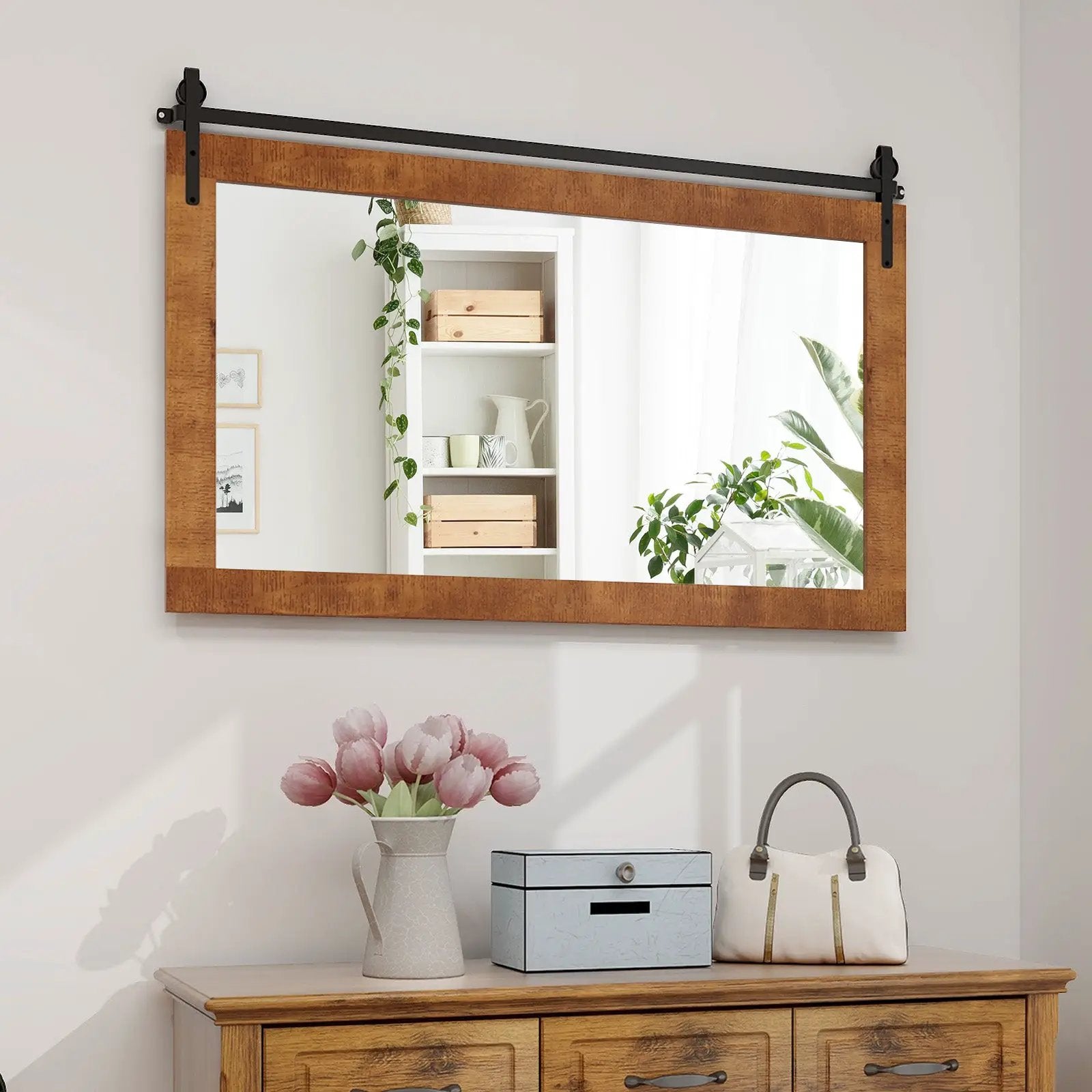 Rectangle Barn Door Style Wall Mounted Mirror with Solid Wood Frame by DirectDeals