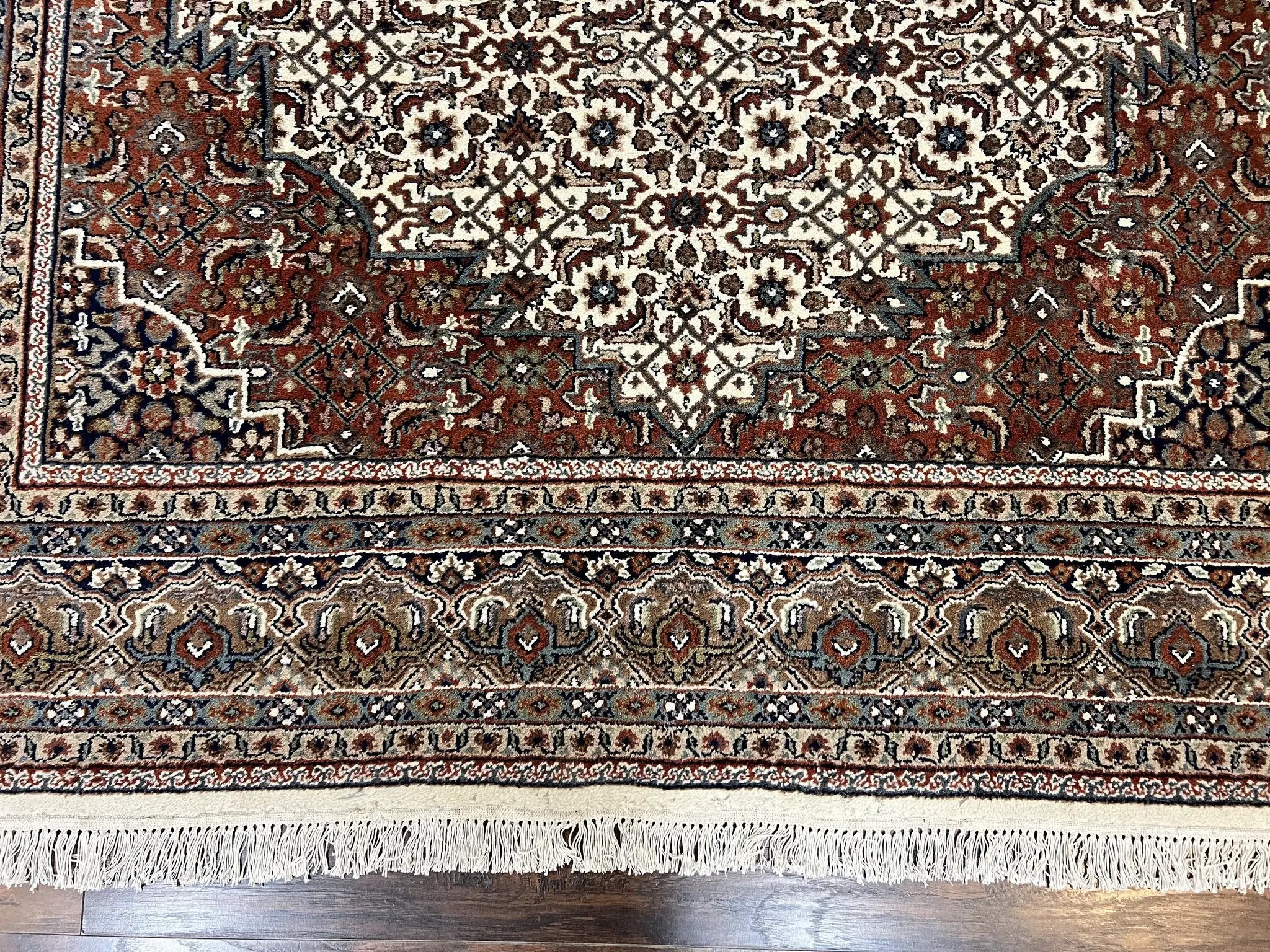 Indo Persian Rug 7x10 ft, Hand Knotted Wool Vintage Oriental Carpet 7 x 10, Traditional Handmade Herati Bidjar Cream Rug, Medallion Rug by Jewel Rugs
