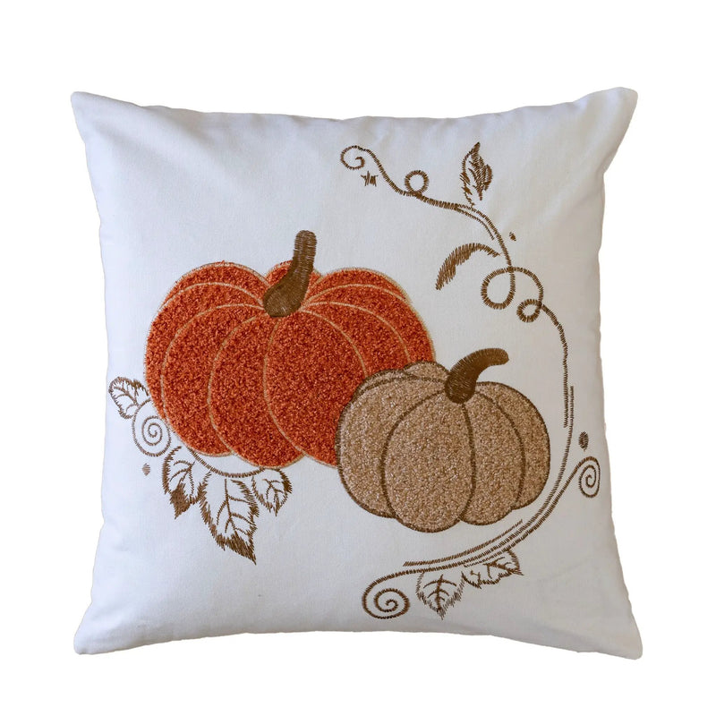 Pumpkin Embroidered Cotton Throw Pillow – Autumn Harvest Accent Cushion Set of 2 by HouseOfZazla