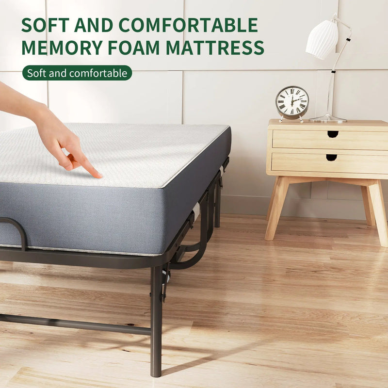 Twin Folding Bed With Memory Foam Mattress Portable Rollaway Bed Sturdy Metal Frame - Brushed Nickel by Unique Piece Furniture