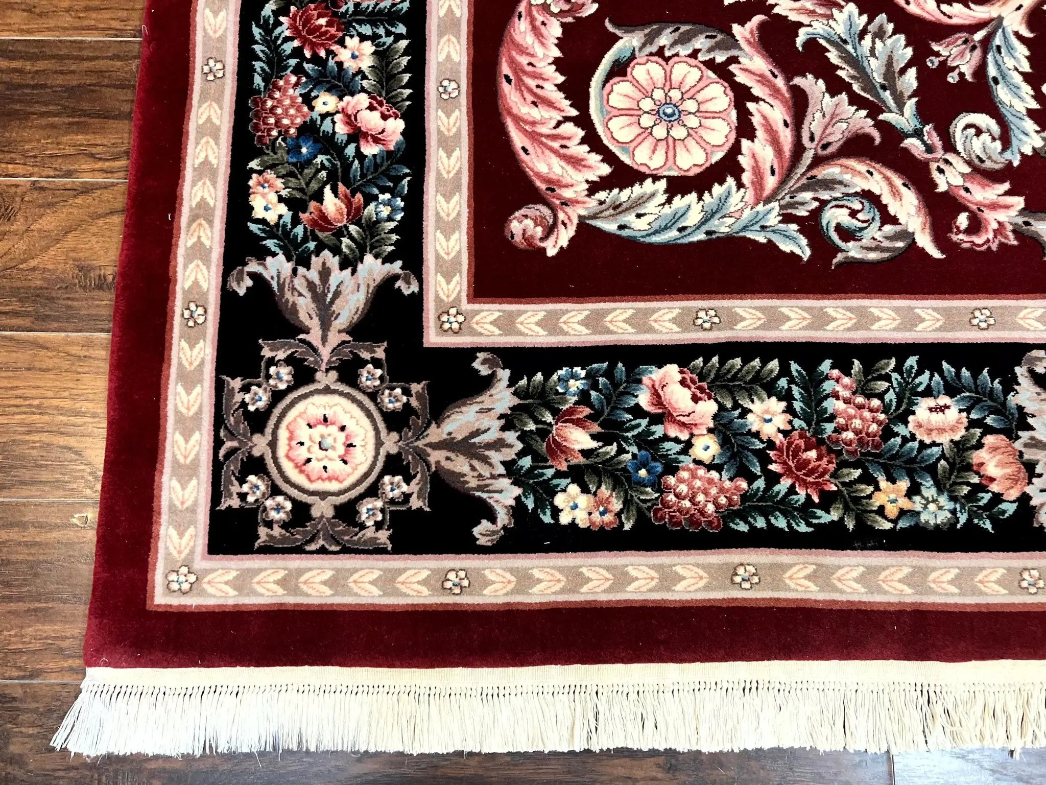 Chinese Aubusson Rug 9x12, Burgundy, Handmade Vintage Wool Carpet, Fine 210 KPSI, Elegant European Design by Jewel Rugs