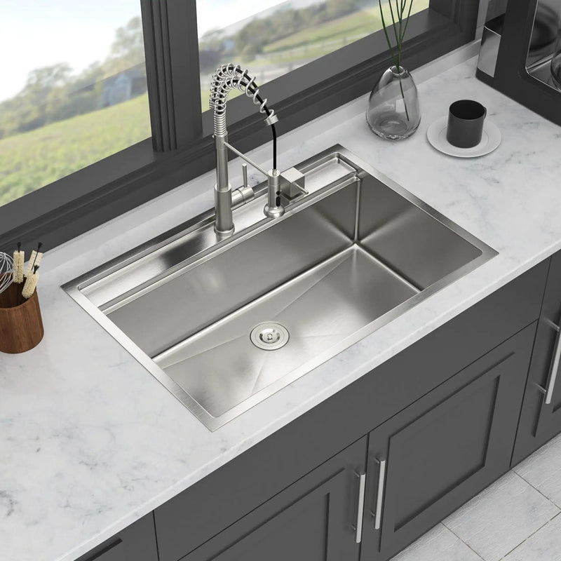 33" Drop In Kitchen Sink With Workstation, 16 Gauge Stainless Steel - Brushed Nickel by HouseOfZazla