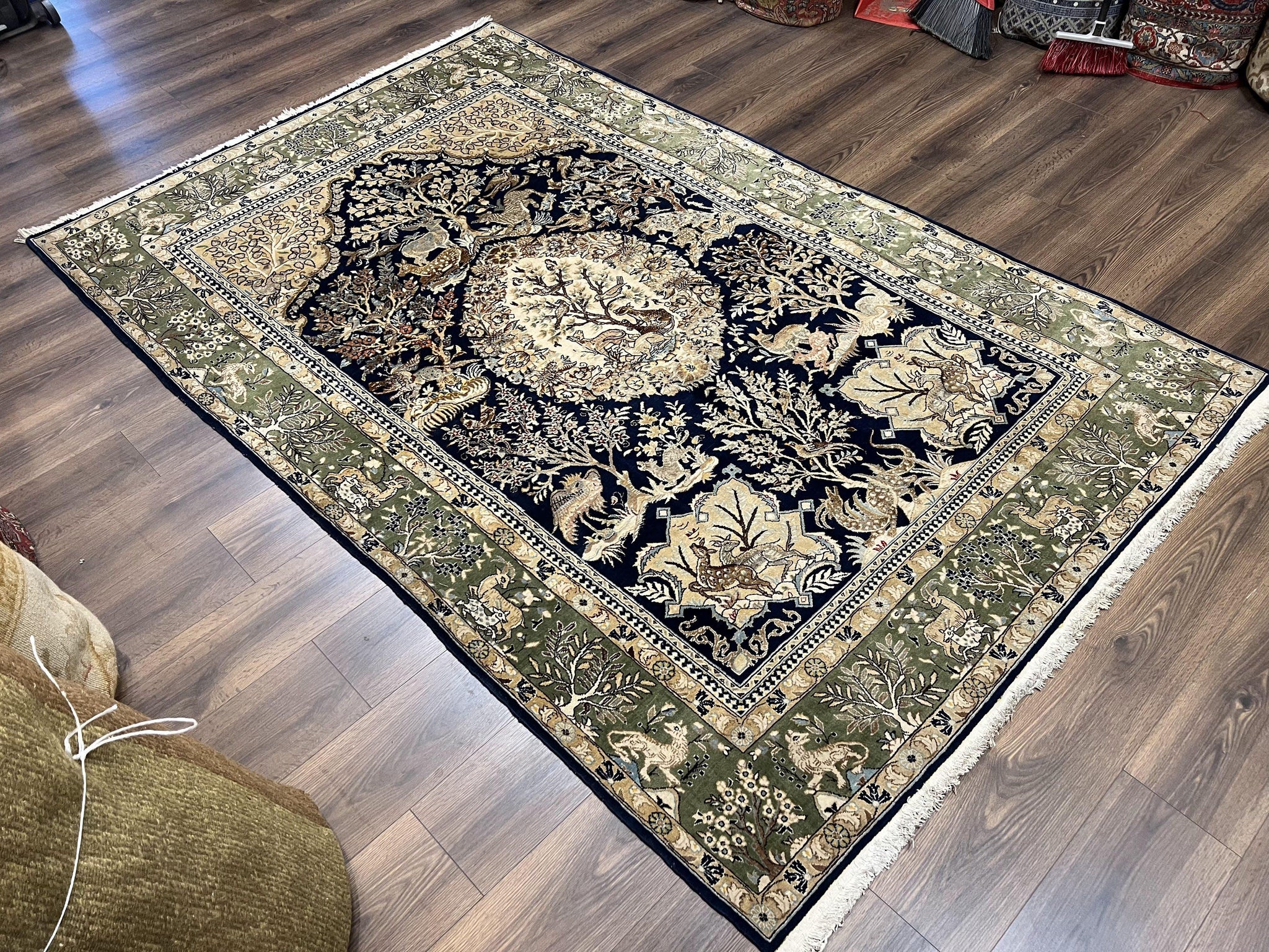 Wonderful Persian Qum Rug 6x9, Animal Pictorials, Tree of Life, Deer Birds, Hand Knotted Oriental Ghom Carpet, Semi Antique Vintage, Navy Blue Green by Jewel Rugs