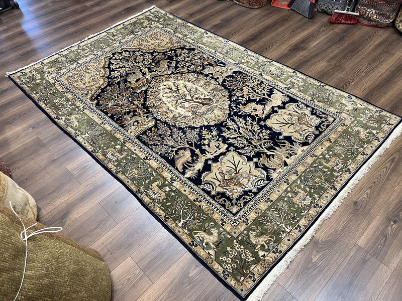 Wonderful Persian Qum Rug 6x9, Animal Pictorials, Tree of Life, Deer Birds, Hand Knotted Oriental Ghom Carpet, Semi Antique Vintage, Navy Blue Green by Jewel Rugs