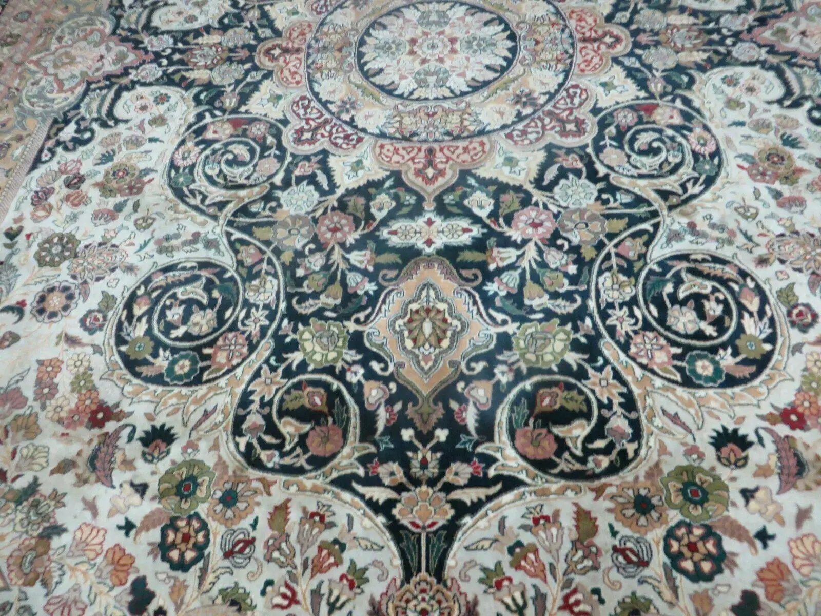 Beautiful Sino Persian Rug 9x12, Elegant High Quality Handmade Wool Oriental Carpet, Medallion with Corner Design, Floral, Black and Ivory by Jewel Rugs