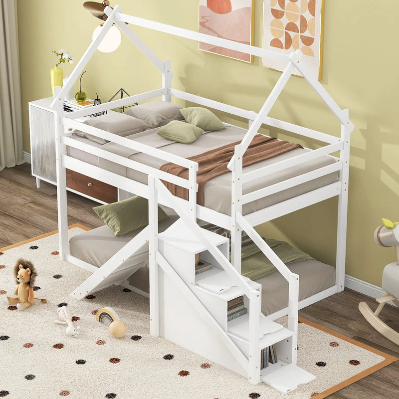Twin Over Twin House Loft Or Bunk Bed With Slide And Staircase by HouseOfZazla