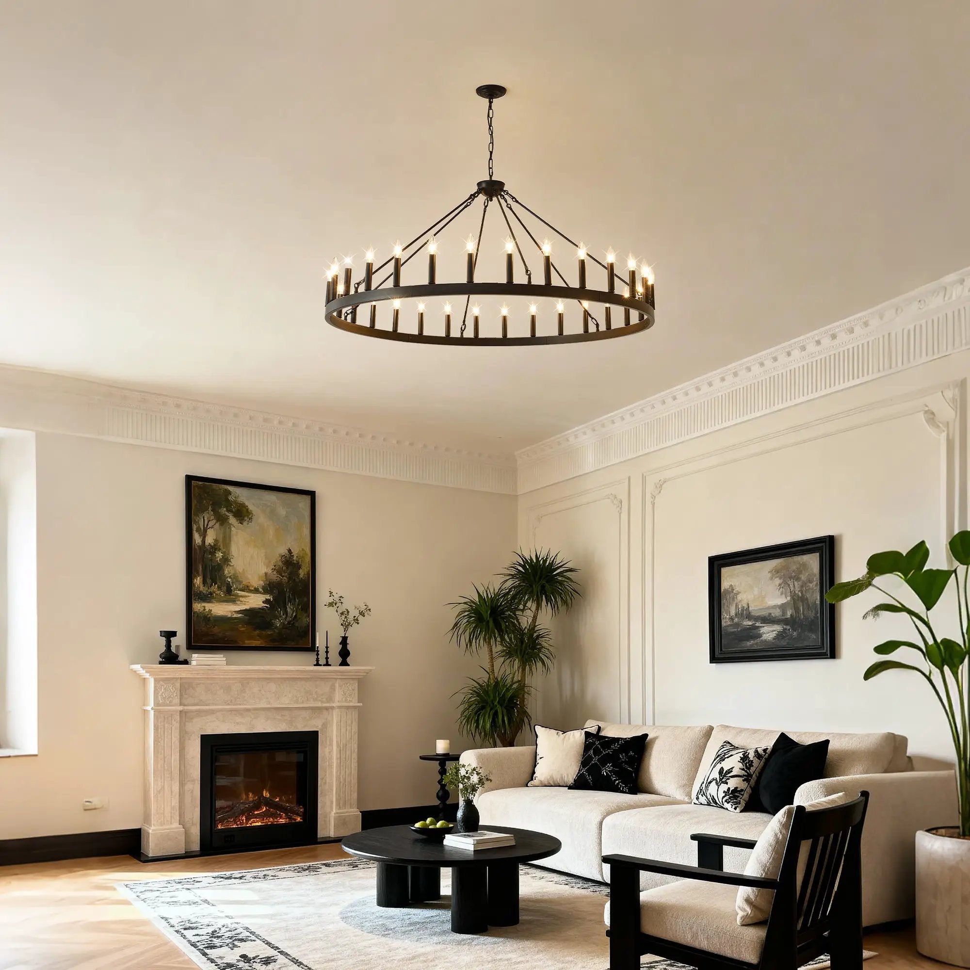 53.15 Inch Matte Black Wagon Wheel Chandelier with 30 Lights by HouseOfZazla