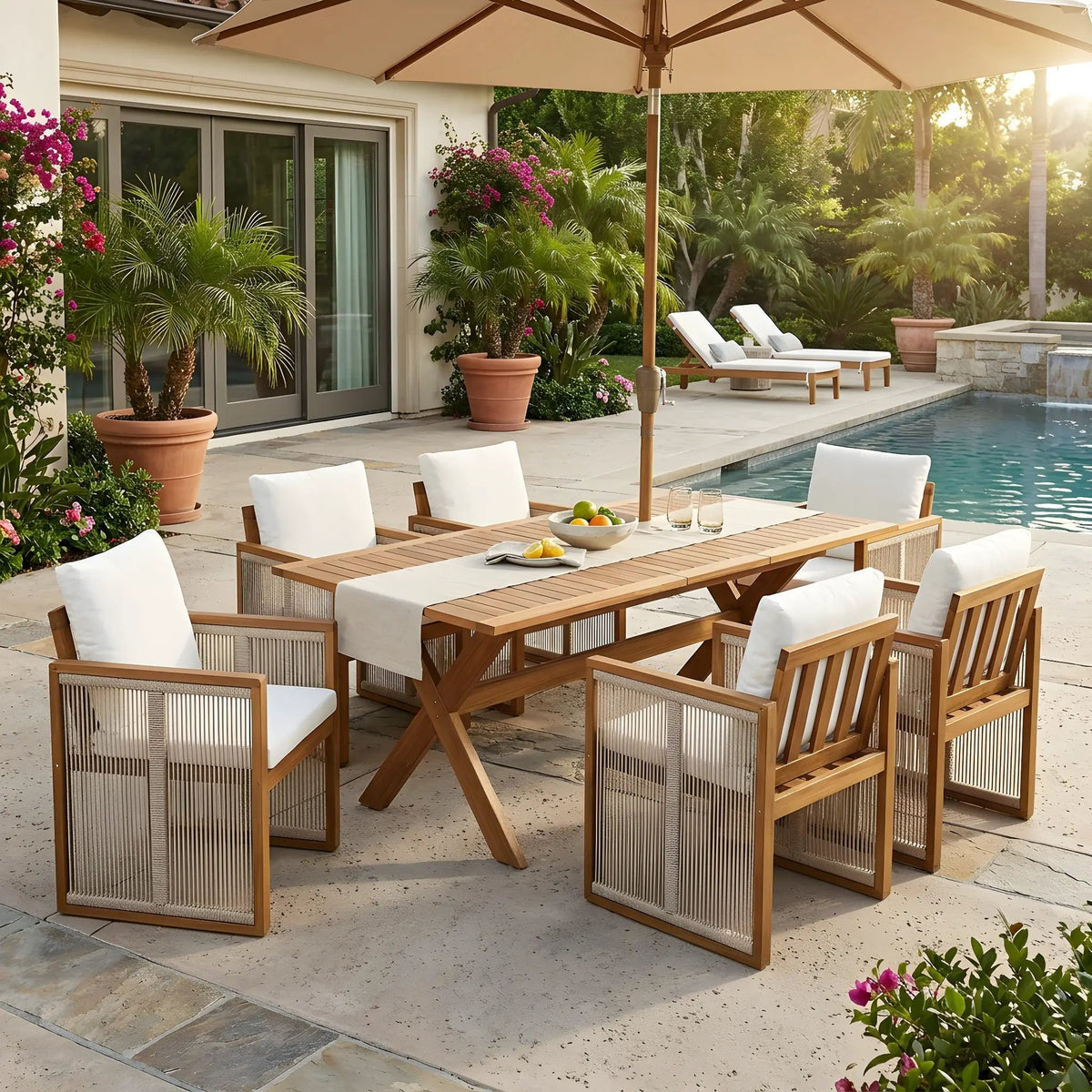 7 Pieces Acacia Wood Outdoor Dining Set with Cushions by HouseOfZazla