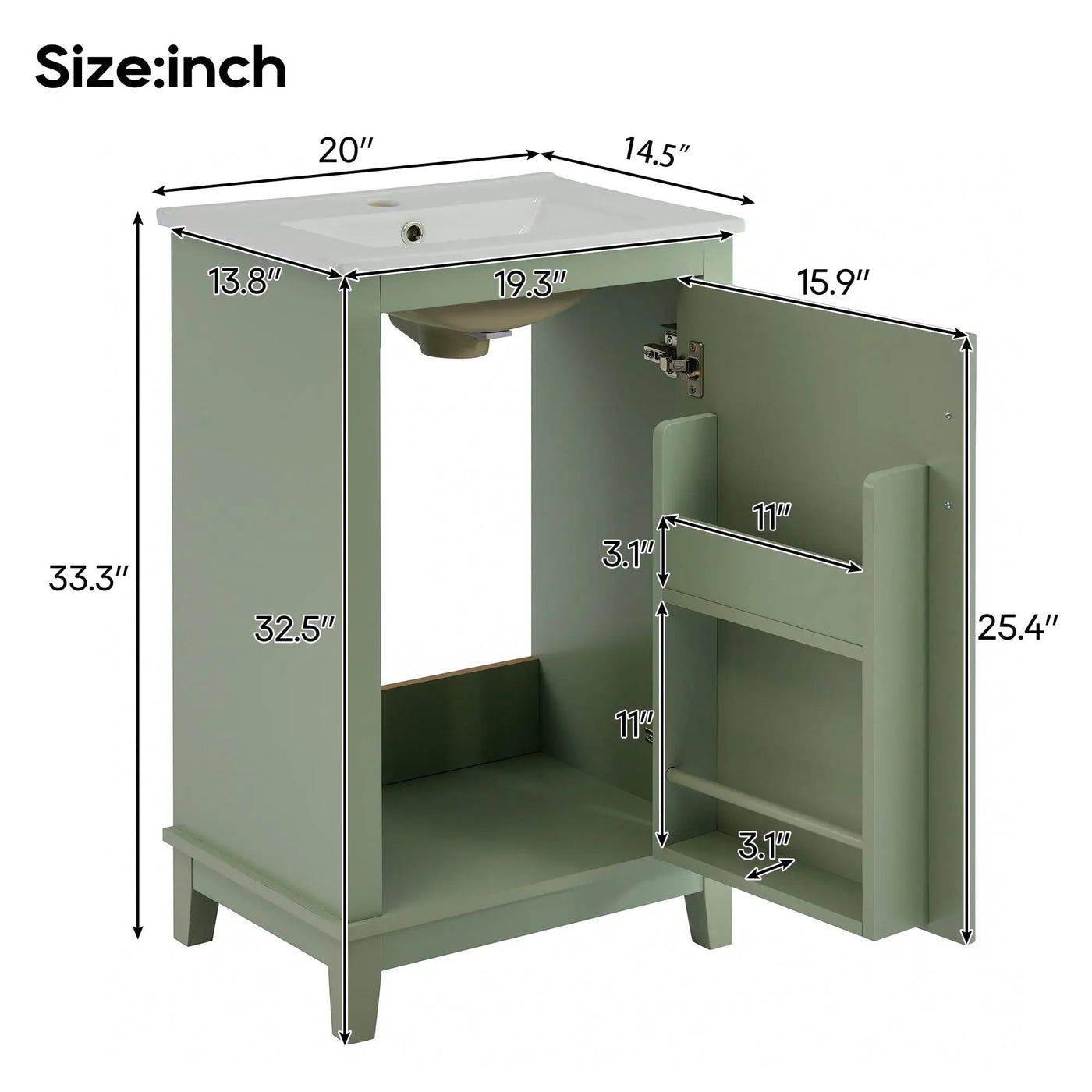 Modern Small Bathroom Vanity Cabinet With Ceramic Basin, Ample Storage, 1 Soft Close Door by Unique Piece Furniture