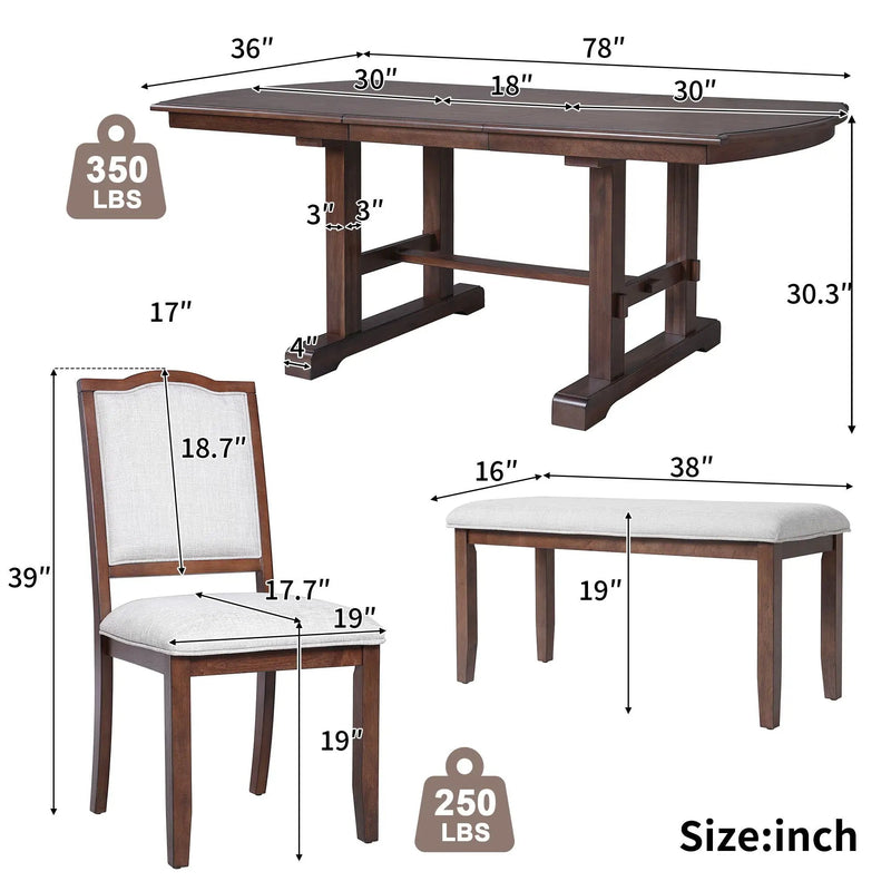 6 Piece Extendable Dining Table Set, Wood Table With Removable Leaf, 4 Upholstered Chairs And Bench - Cherry by Unique Piece Furniture