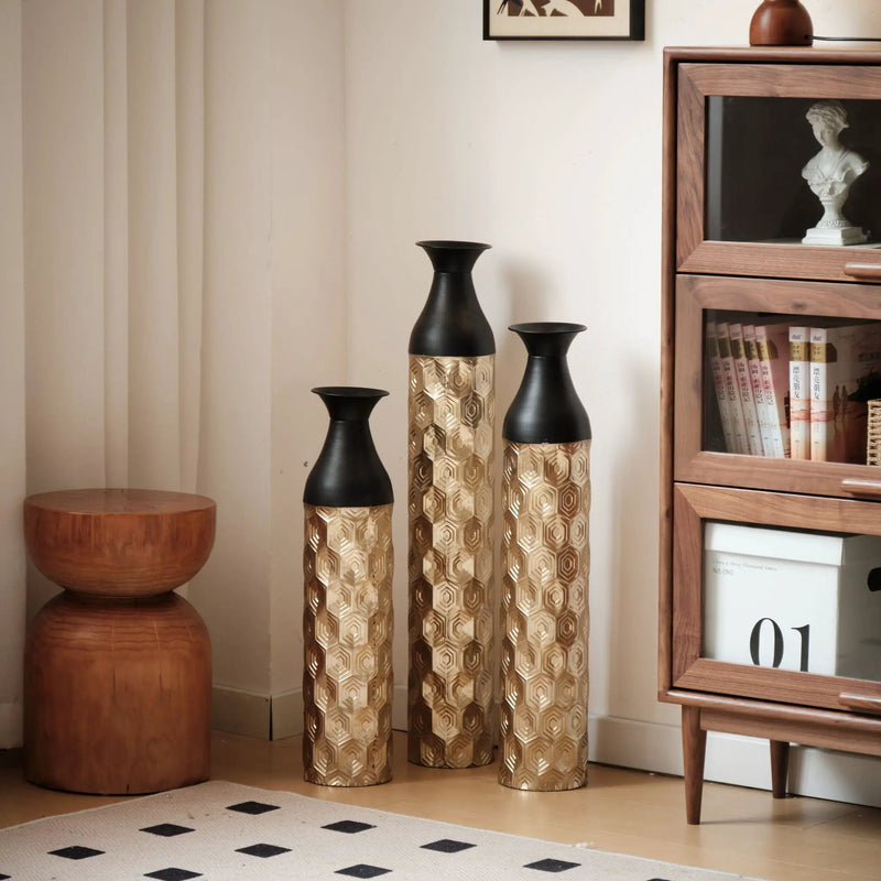 Floor Metal Vases (Set of 3) Gorgeous Home Decoration Large Glazed Metal Vases - Black / Gold by HouseOfZazla