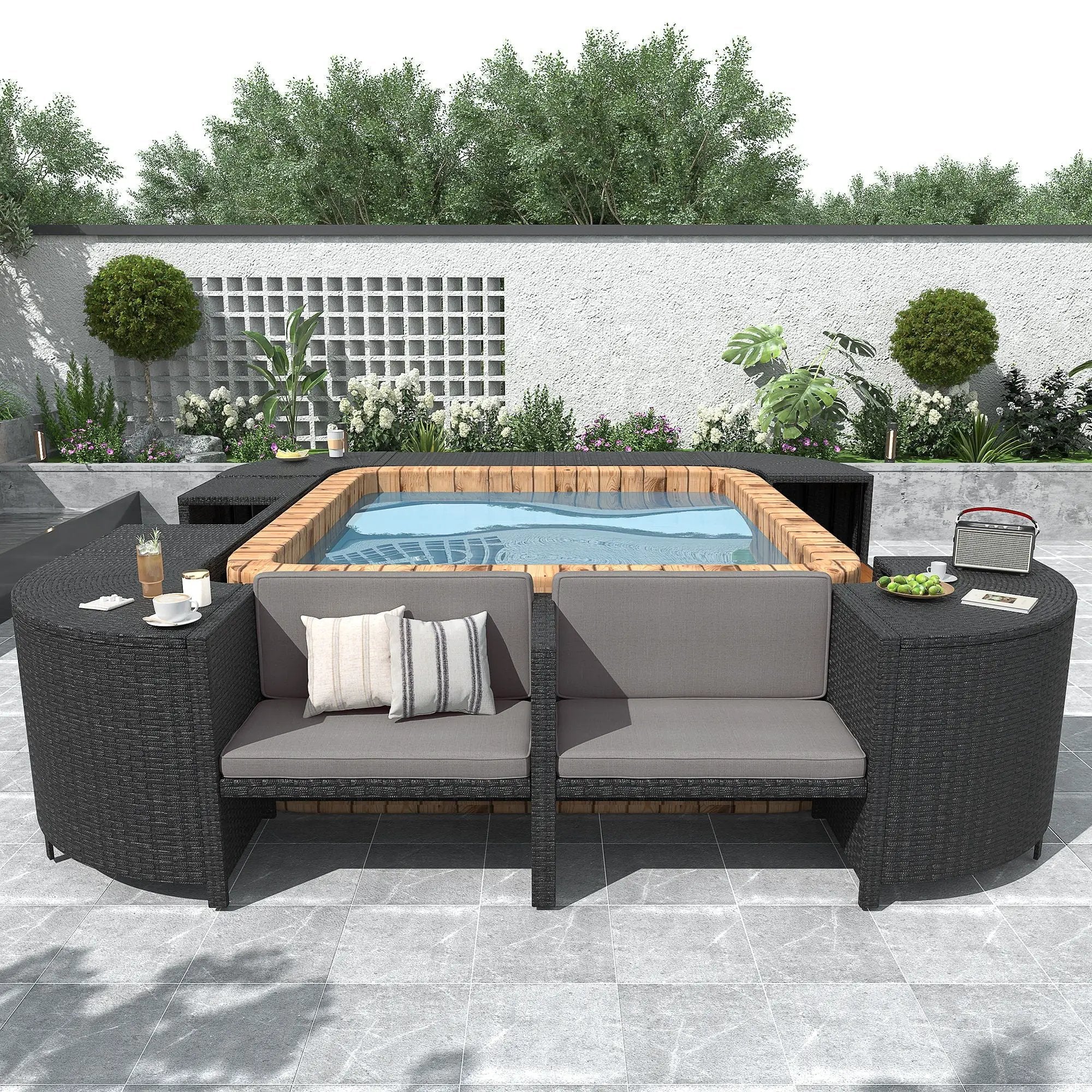 Spa Surround Spa Frame Quadrilateral Outdoor Rattan Sectional Sofa Set With Mini Sofa, Wooden Seats And Storage Spaces by HouseOfZazla