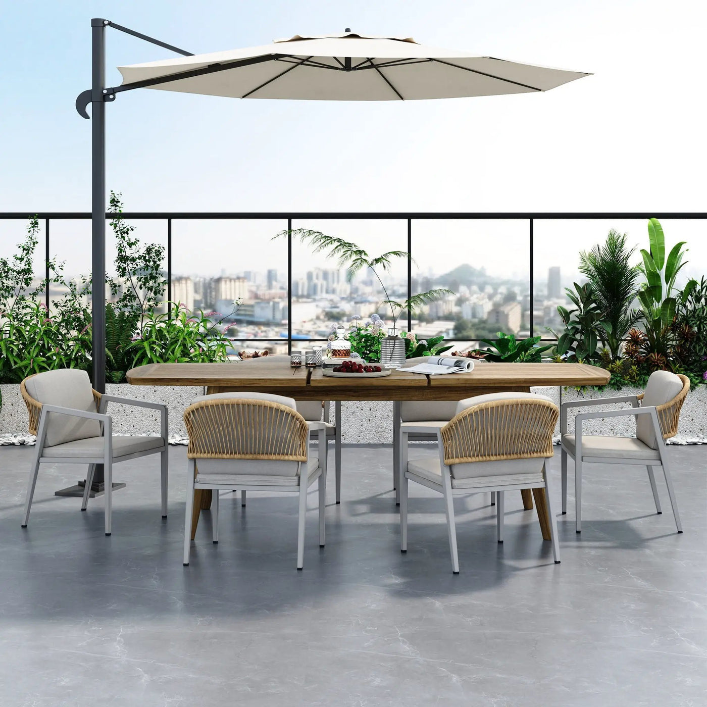 Modern Outdoor Dining Set With Expandable Acacia Wood Table by HouseOfZazla