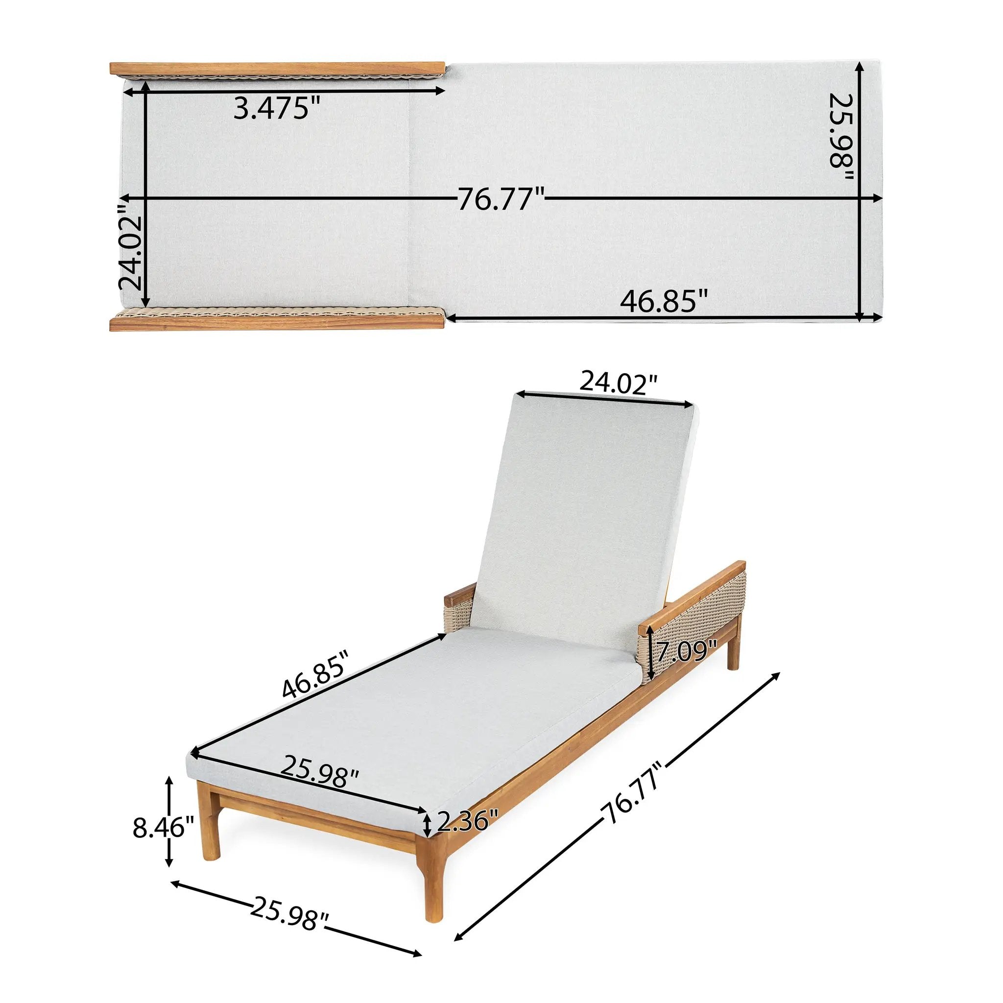 76.8" Solid Acacia Wood Sun Lounger Set of 2 with Grey Cushions by HouseOfZazla