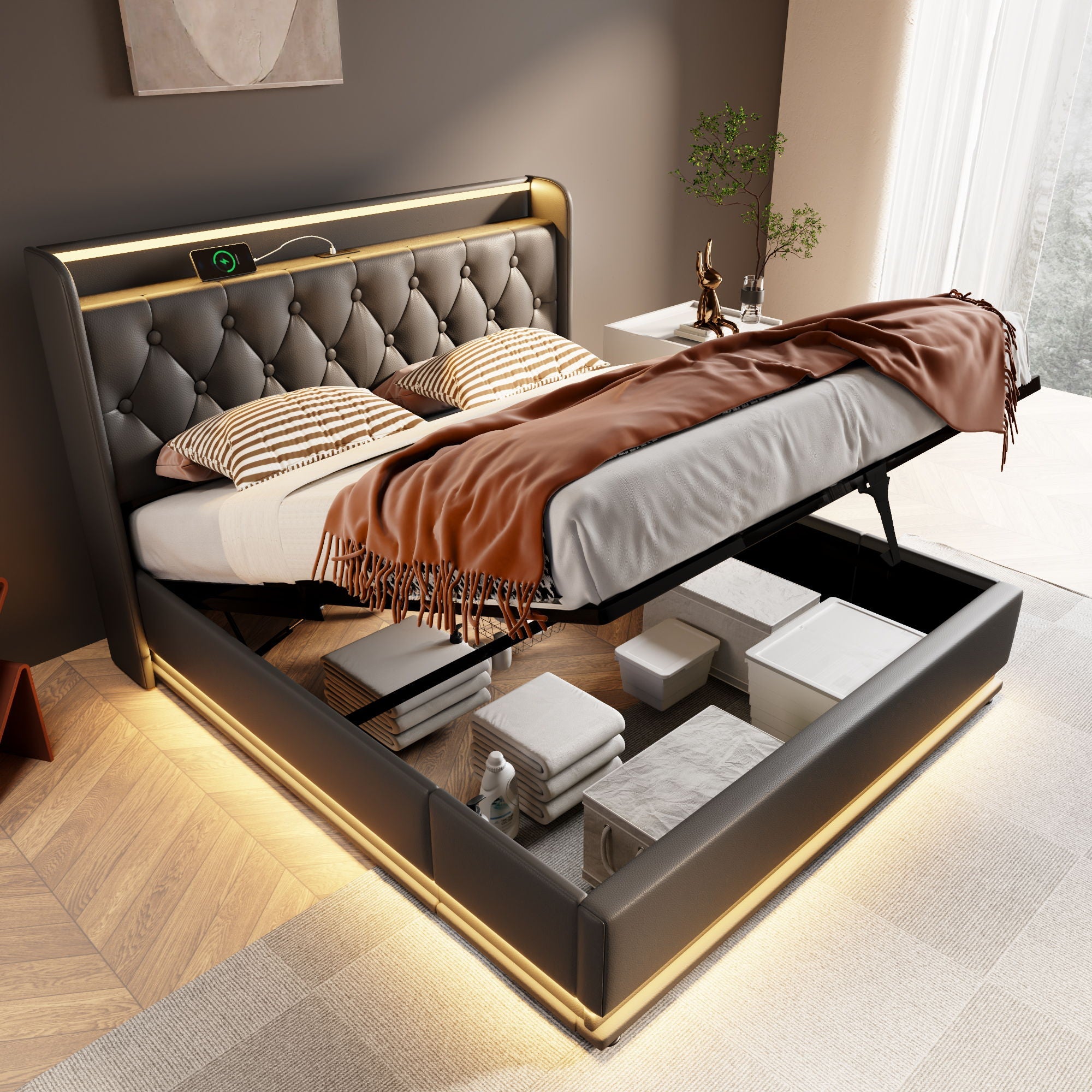 Upholstered Bed, 360 Surround LED Function, Remote Control, Hydraulic Storage Bed With USB, Type-C Charging (Without Mattress) by HouseOfZazla
