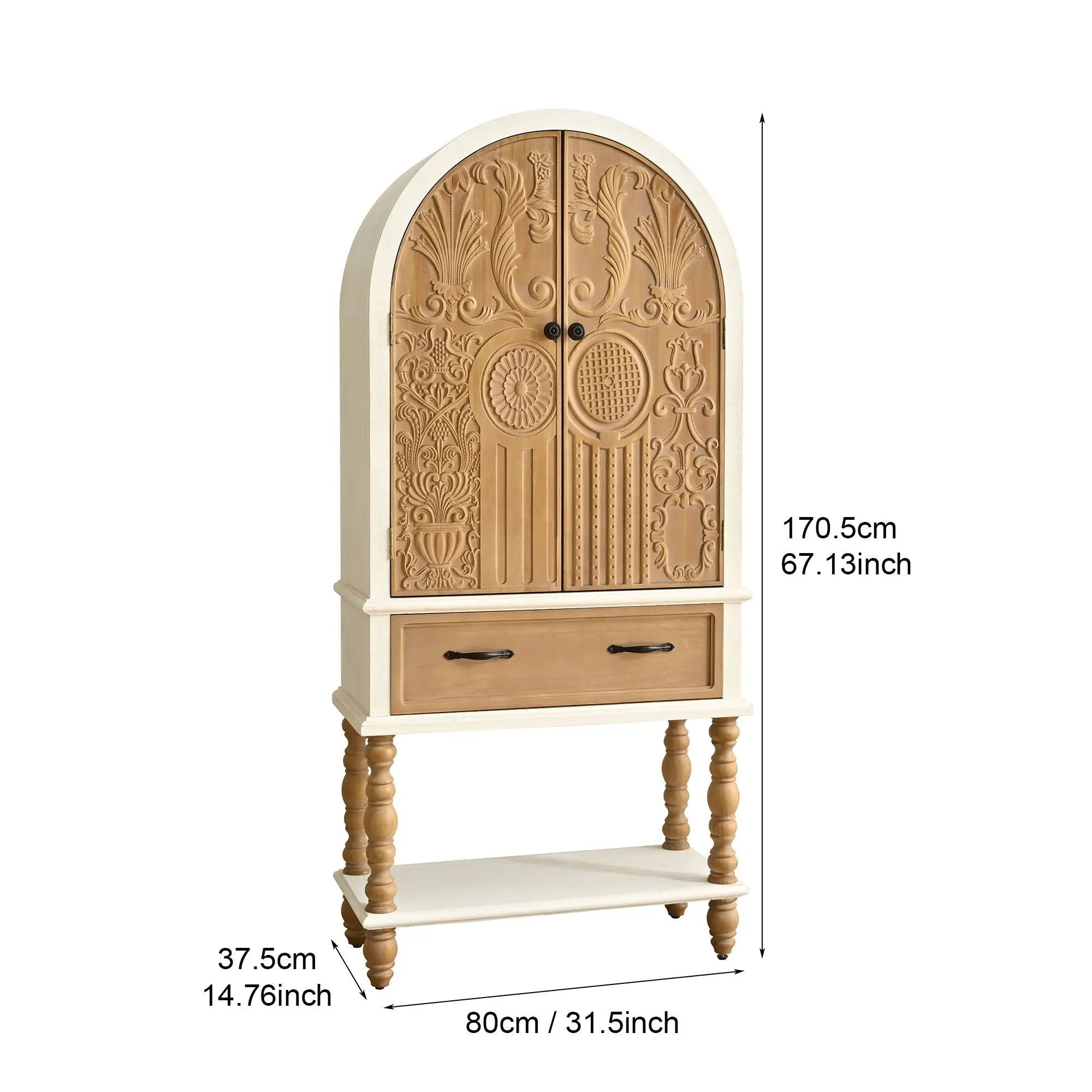 Arched Flower Carved Door Accent Sideboard Cabinet With 1 Drawer And Shelf, Cabinet For Kitchen - Natural / White by Unique Piece Furniture