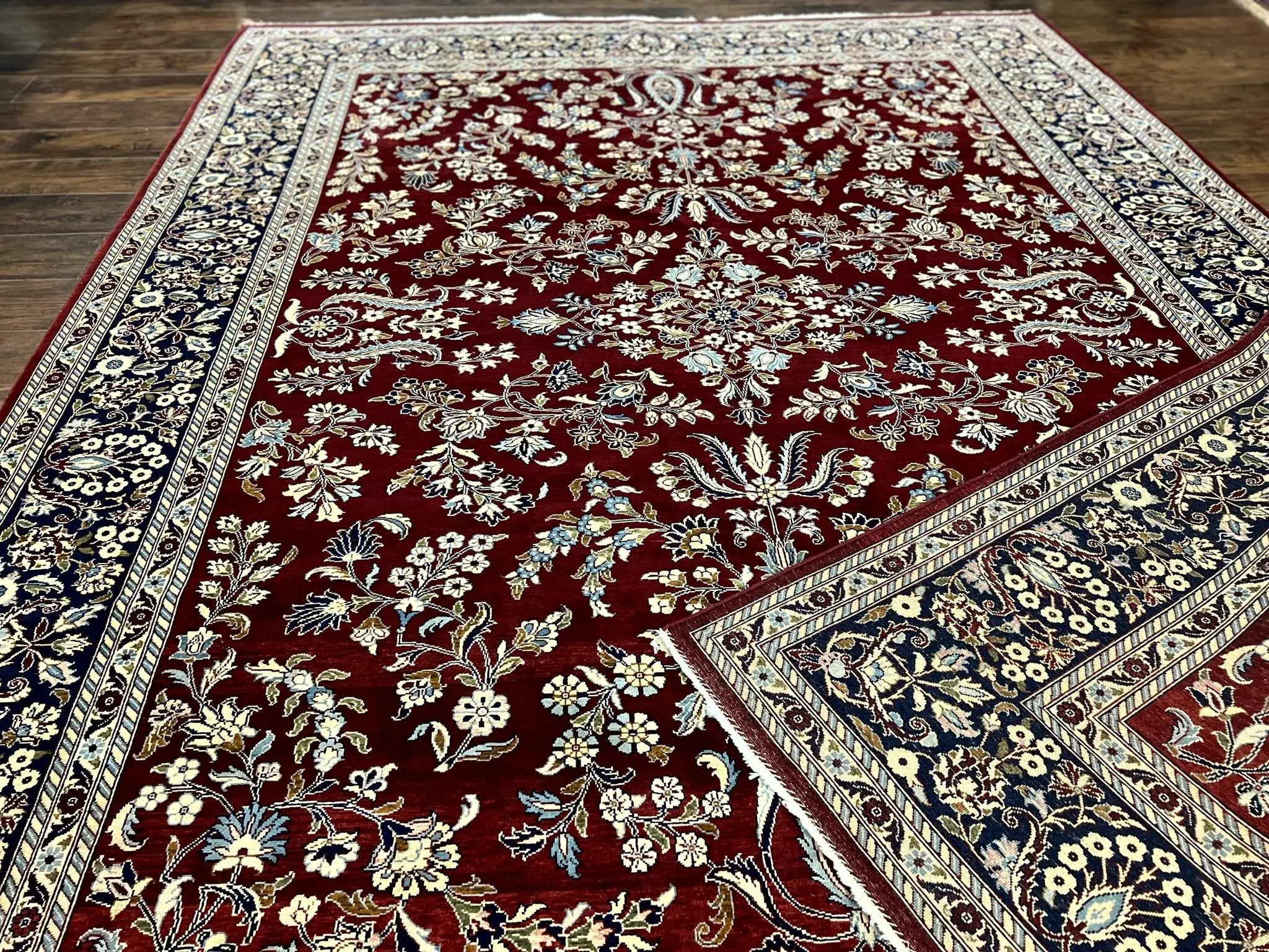 Indo Persian Sarouk Rug 9x12, Floral Allover, Dark Red & Navy Blue, Handmade Vintage Wool Carpet by Jewel Rugs