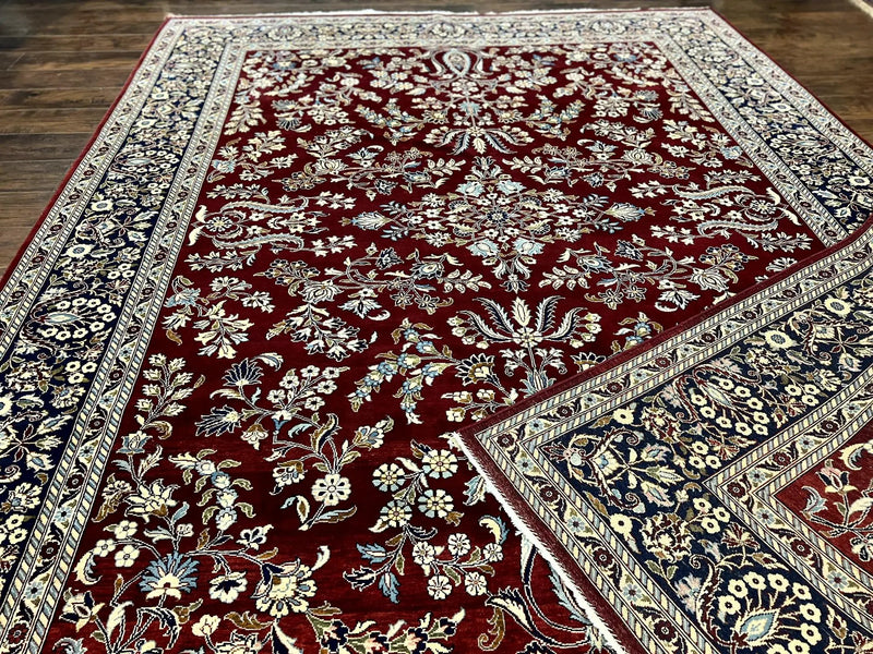 Indo Persian Sarouk Rug 9x12, Floral Allover, Dark Red & Navy Blue, Handmade Vintage Wool Carpet by Jewel Rugs