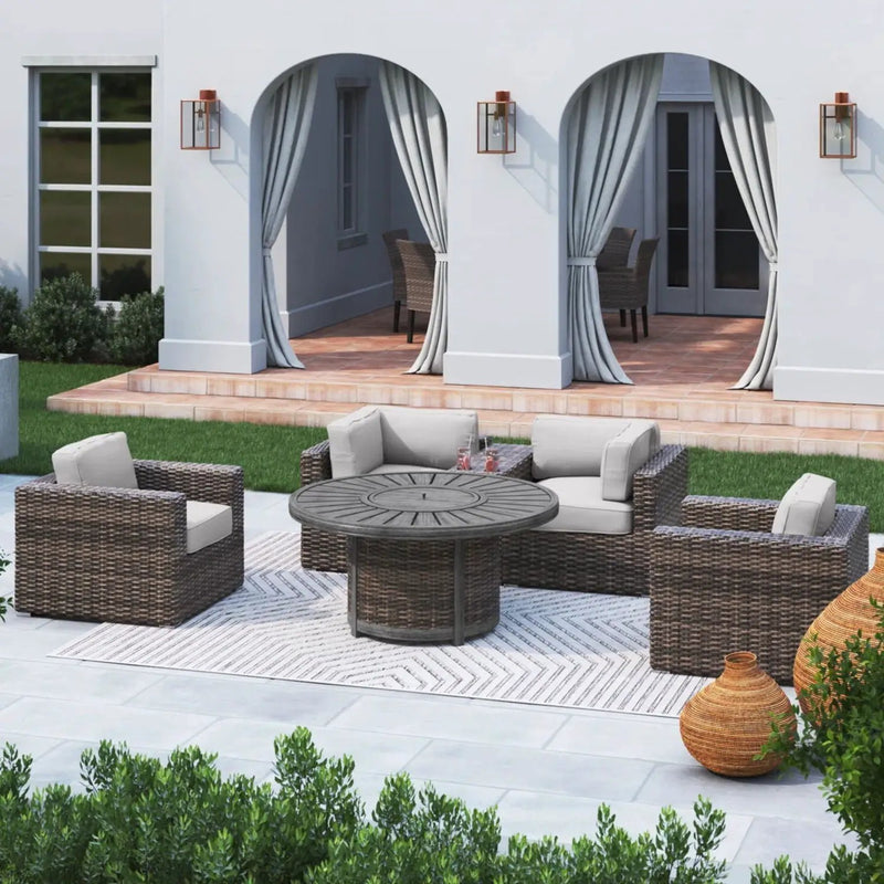 Patio Seating Group For 4 With Cushions And Fire Pit Table - Brown by Unique Piece Furniture