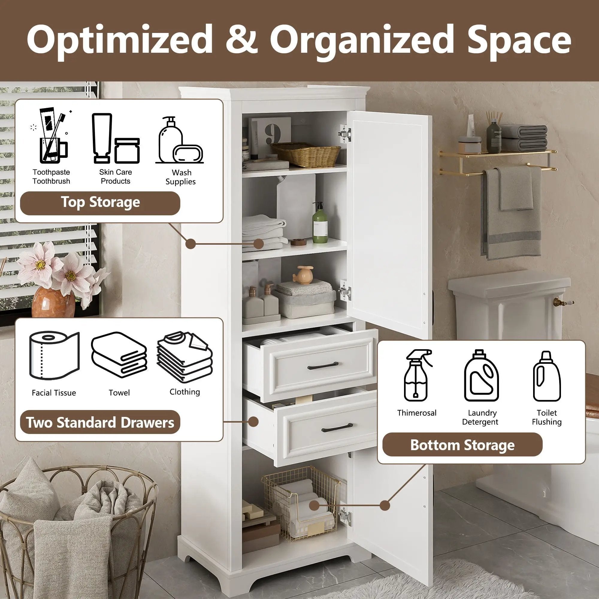 Freestanding Bathroom Vanity Tall With Damping Hinge Doors, Adjustable Shelves - White by Unique Piece Furniture