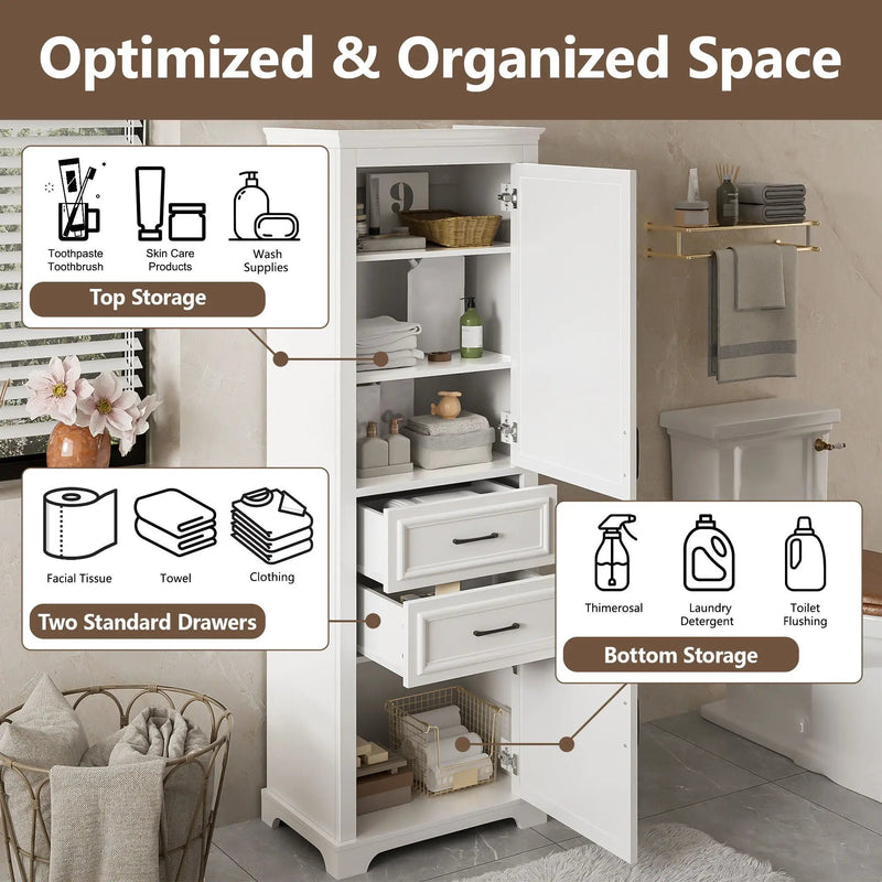 Freestanding Bathroom Vanity Tall With Damping Hinge Doors, Adjustable Shelves - White by Unique Piece Furniture