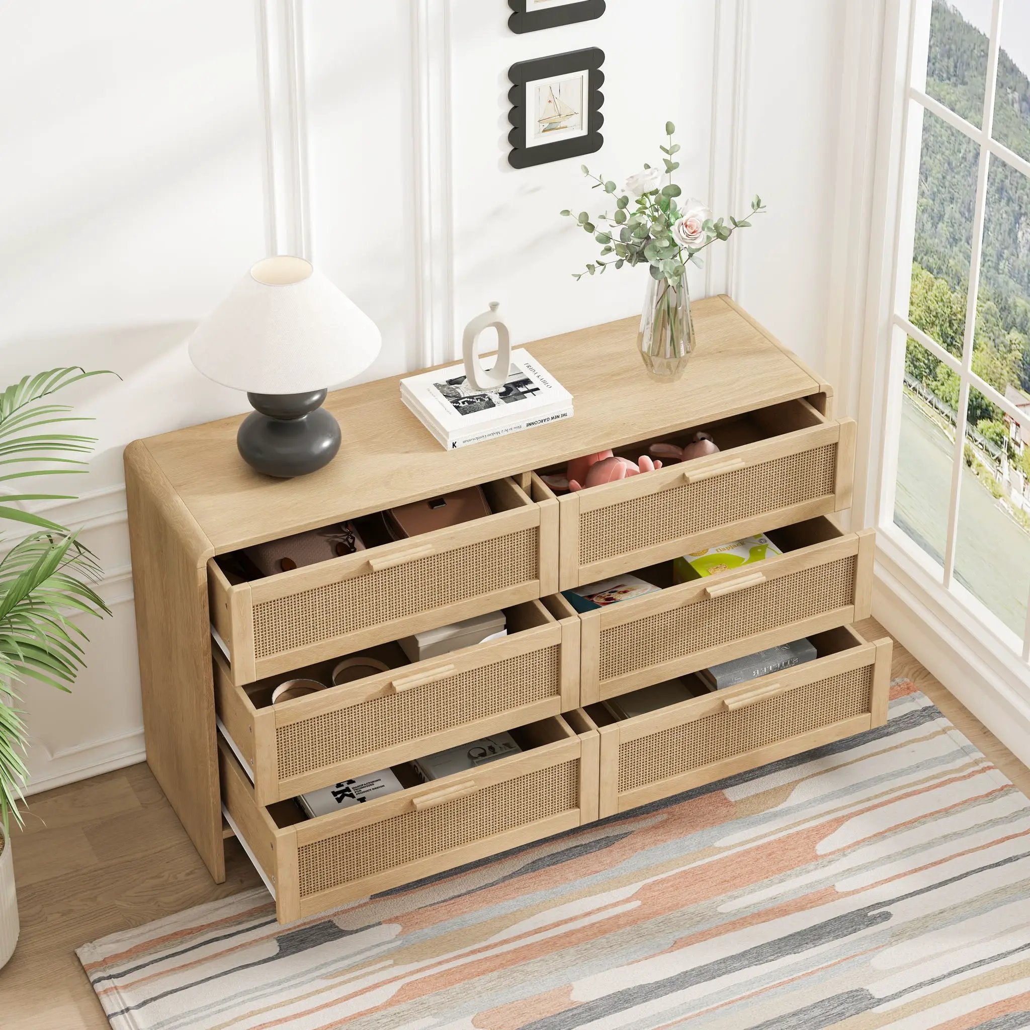 Modern Arc Shaped Corner Rattan Cabinet With 6 Drawers by HouseOfZazla