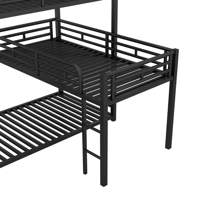 L-Shaped Triple Twin Size Bunk Bed, Industrial Design With Integrated Ladder And Full Length Guardrails - Black by Unique Piece Furniture